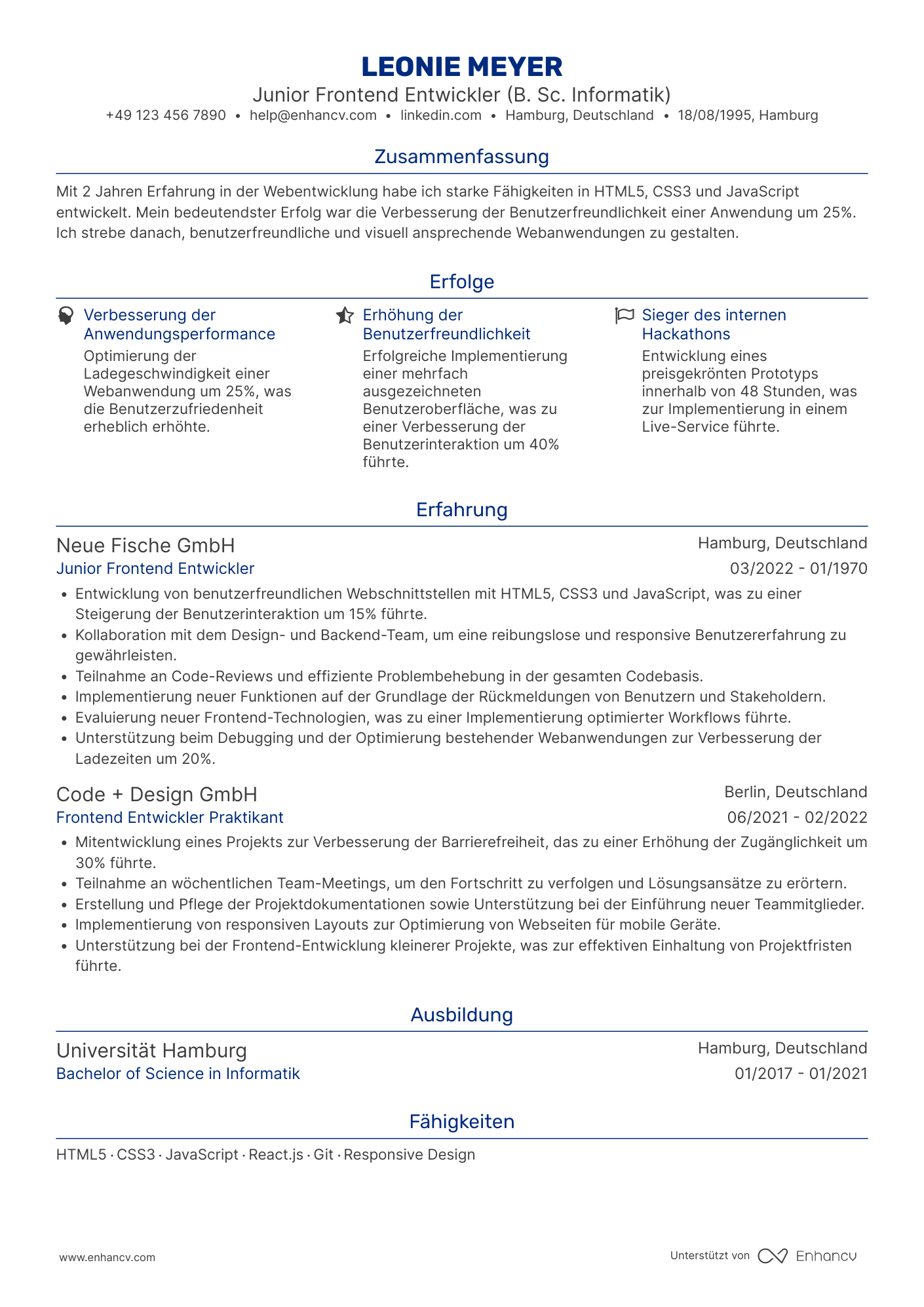 Lebenslauf als Junior Frontend Entwickler Resume Example