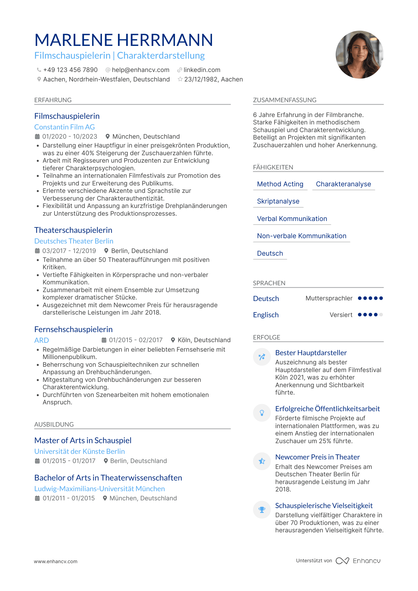 Lebenslauf als Film Schauspieler Resume Example