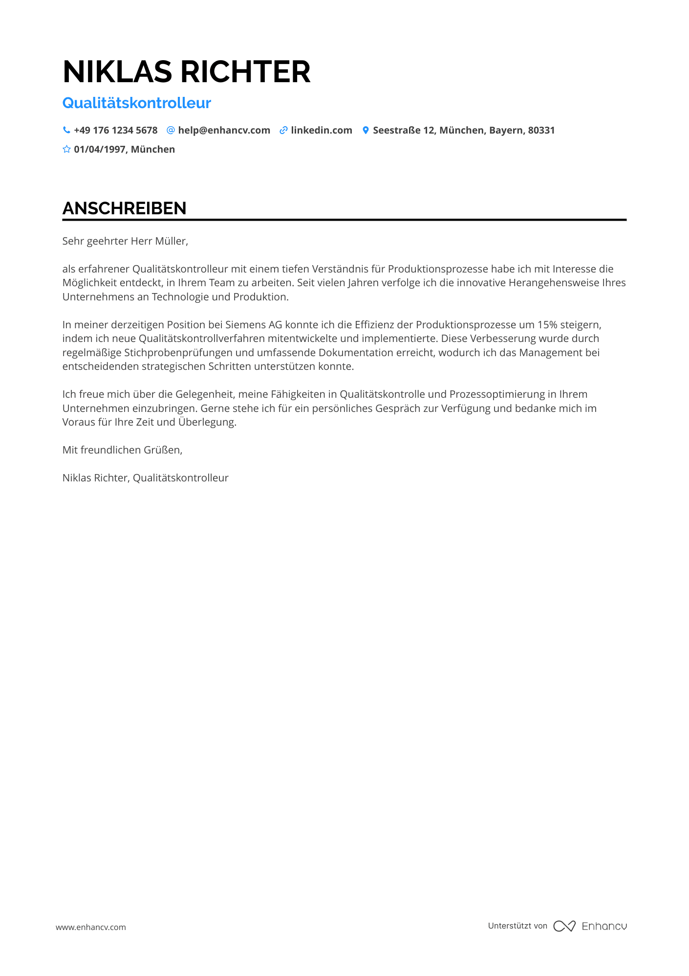 Qualitätskontrolleur für Produktionsprozesse Resume Example