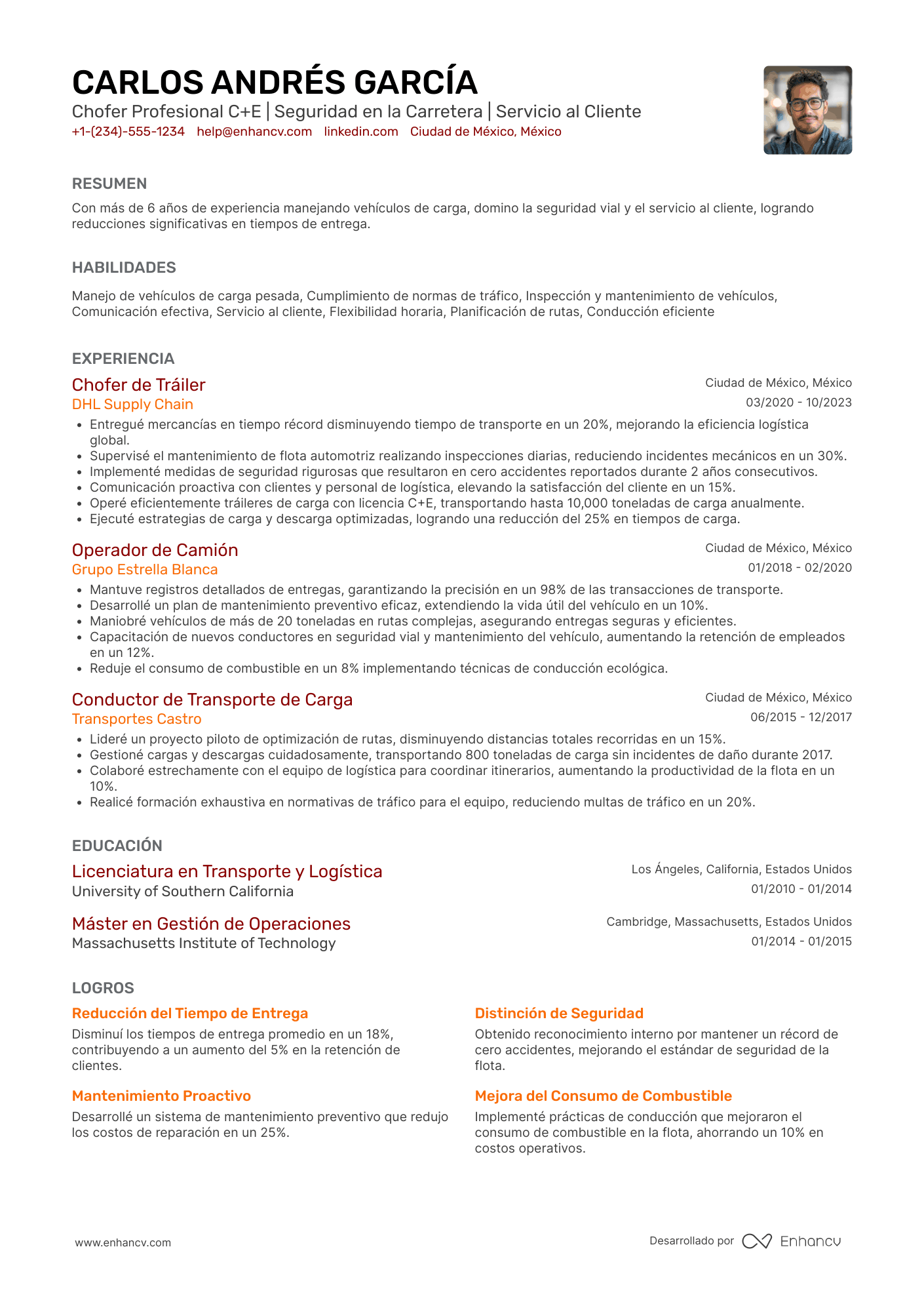 Ejemplo de CV de chofer C+E Resume Example