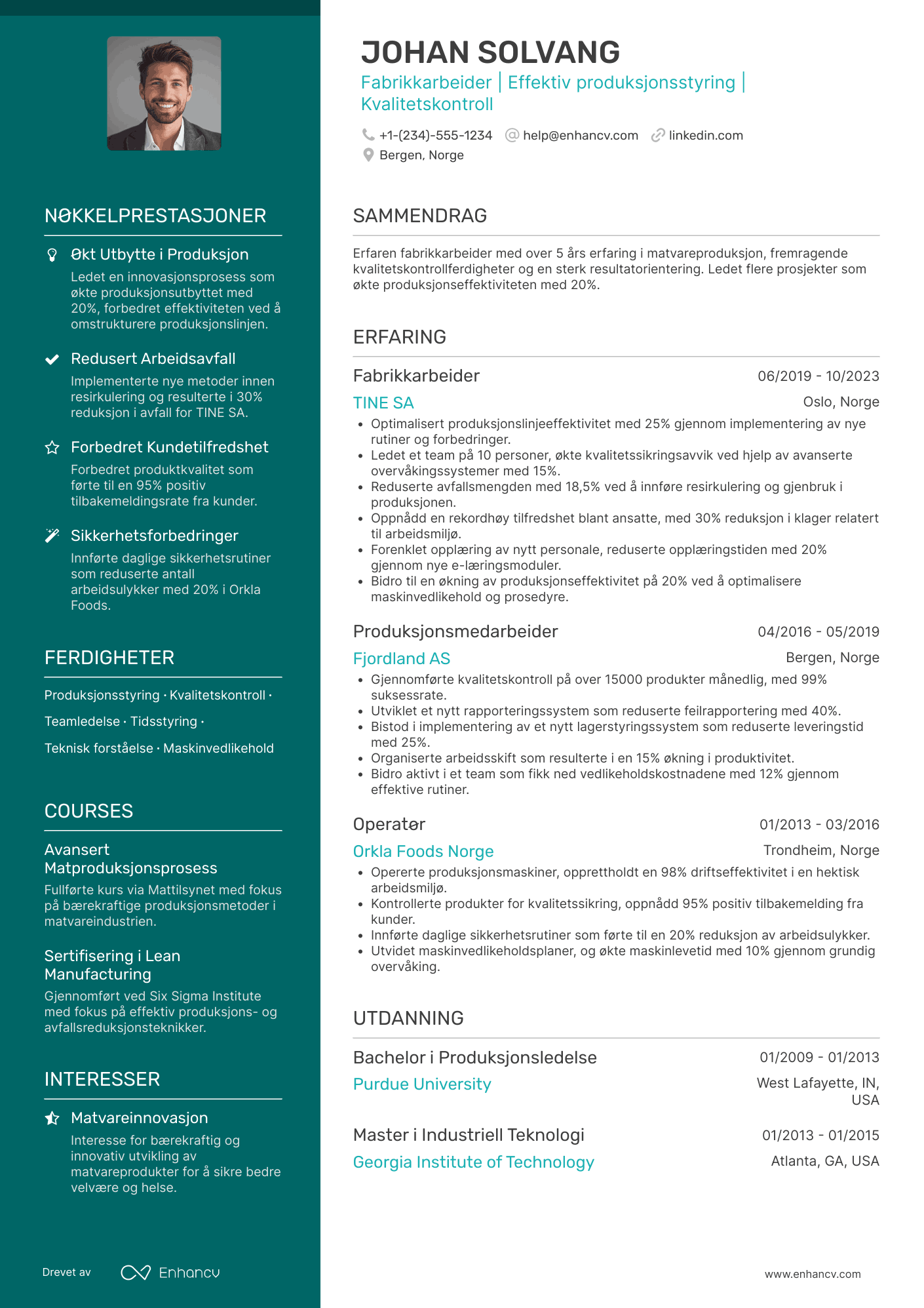 CV for Fabrikkarbeider Matproduksjon Resume Example