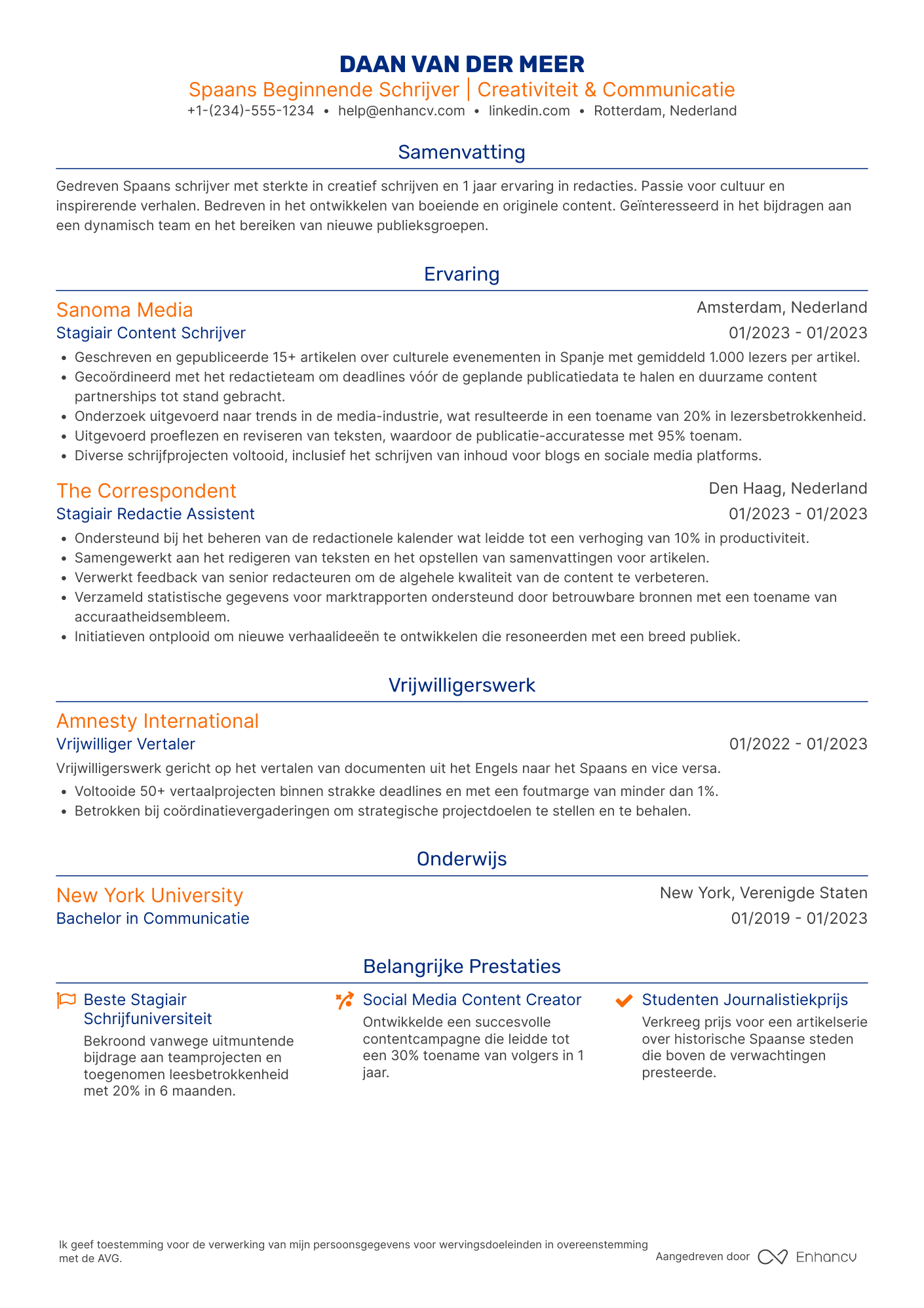 CV voor Spaans Beginnende Schrijver Resume Example
