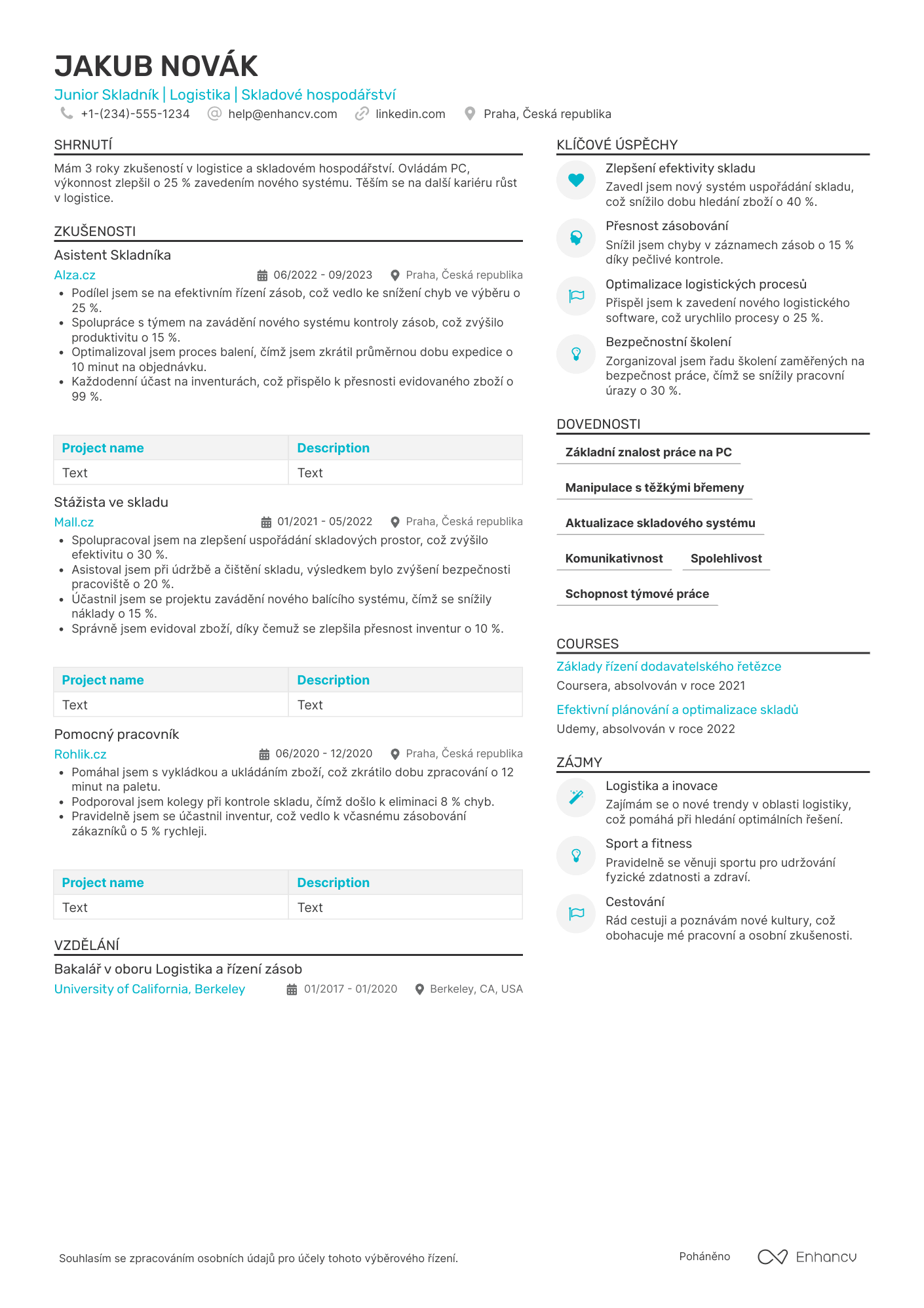 Životopis pro Junior Skladník Resume Example