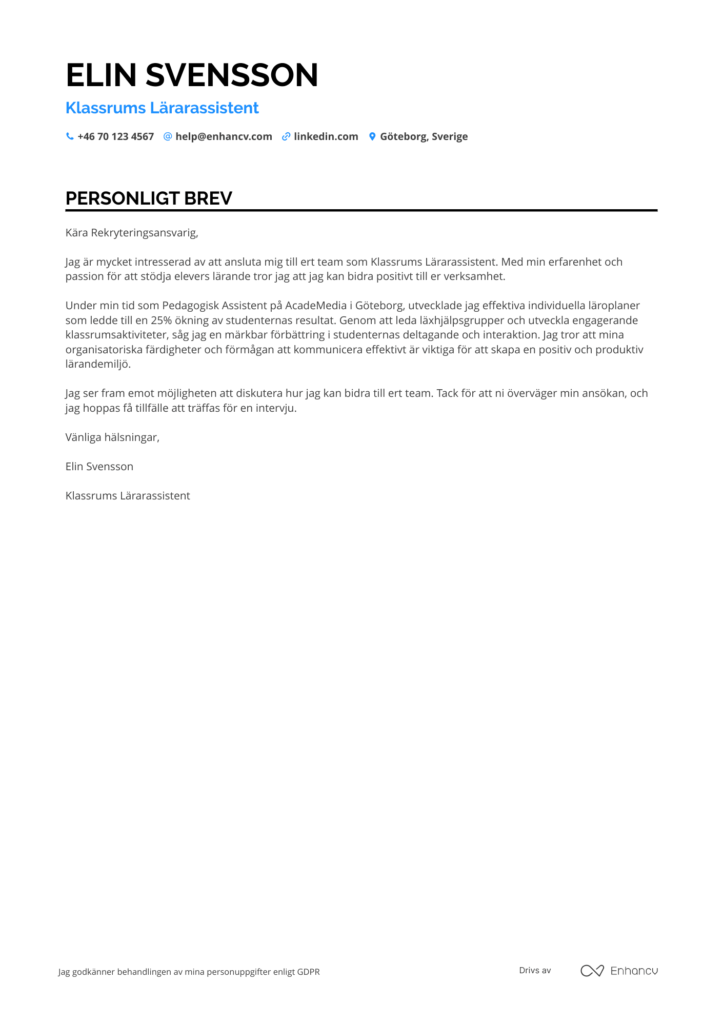 Personligt brev för Klassrums Lärarassistent Resume Example