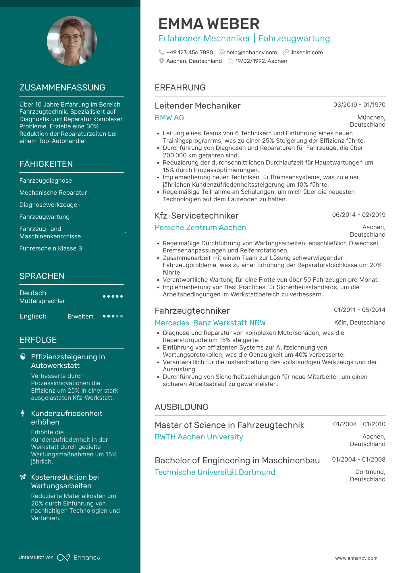 Lebenslauf als Erfahrener Mechaniker Resume Example