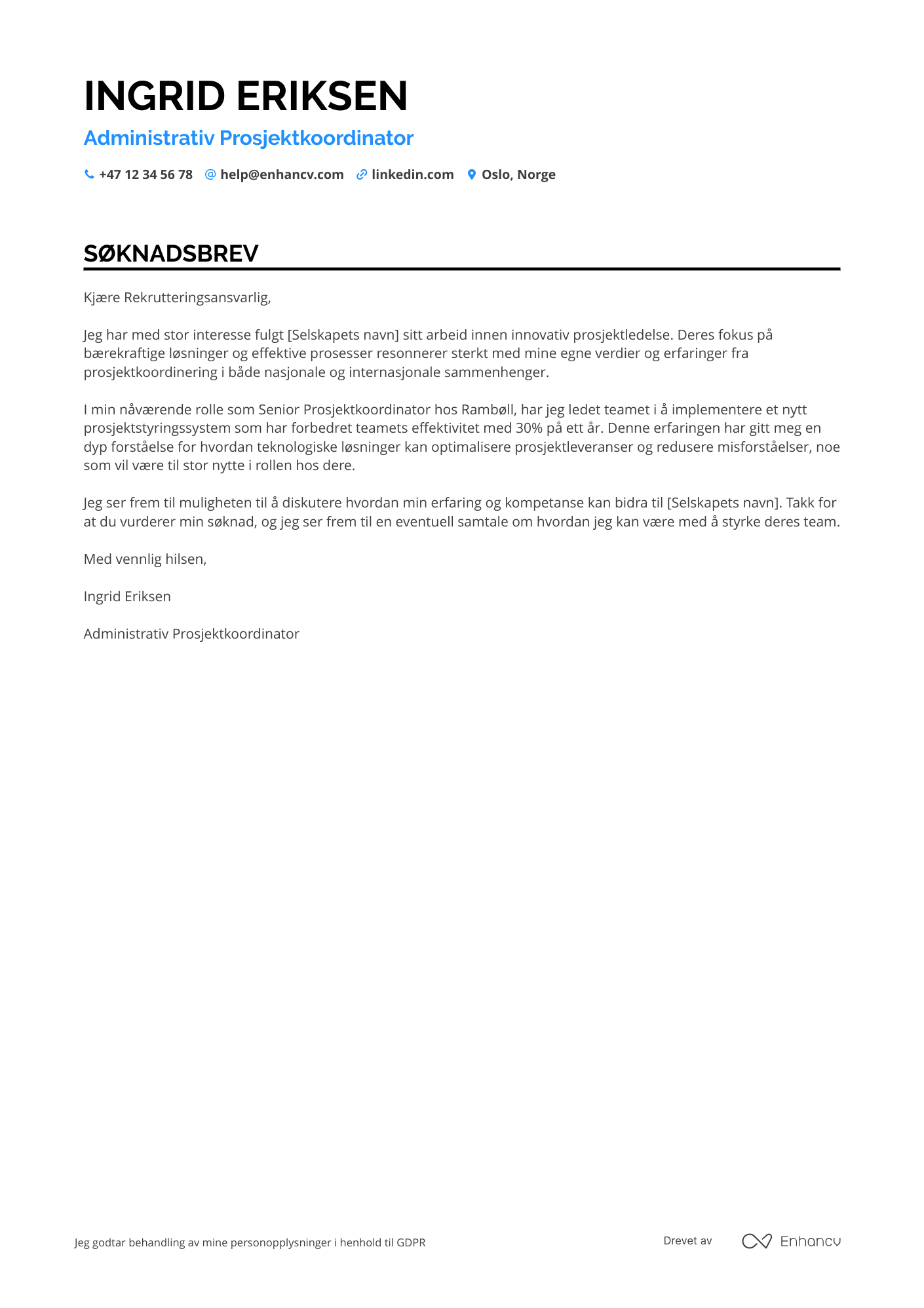 Søknadsbrev for Administrativ Prosjektkoordinator Resume Example