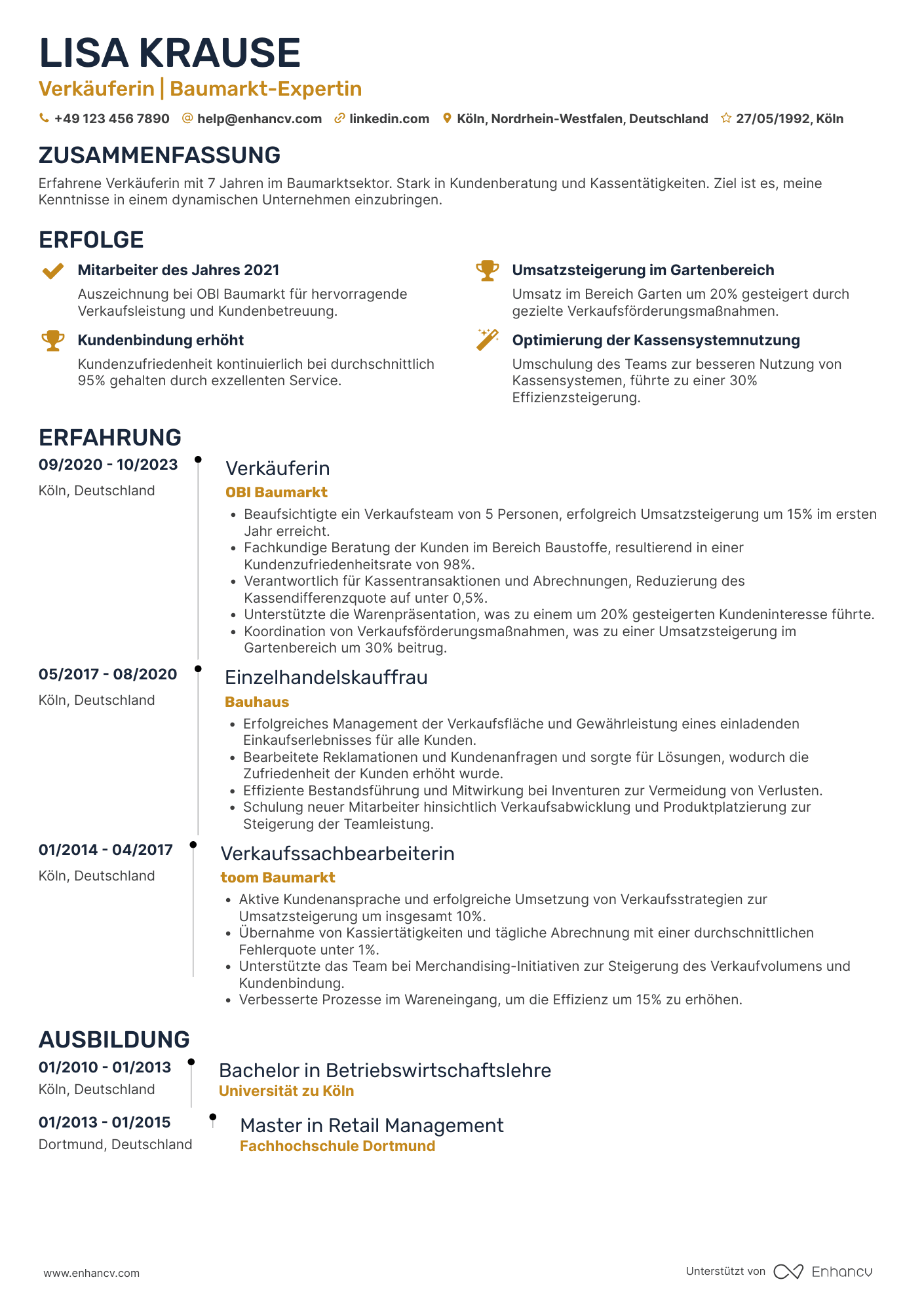 Lebenslauf in Verkäuferin im Baumarkt Resume Example