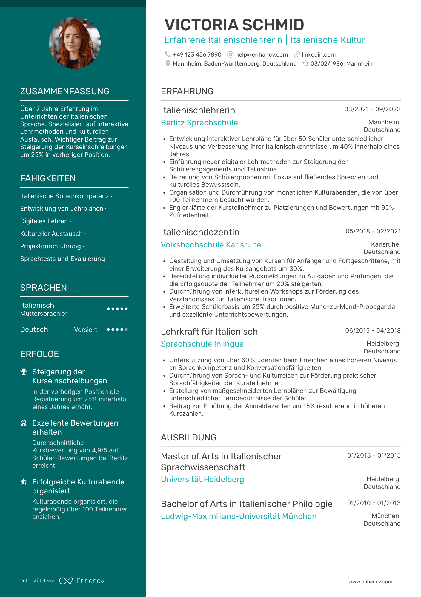 Lebenslauf als Italienischlehrer Resume Example
