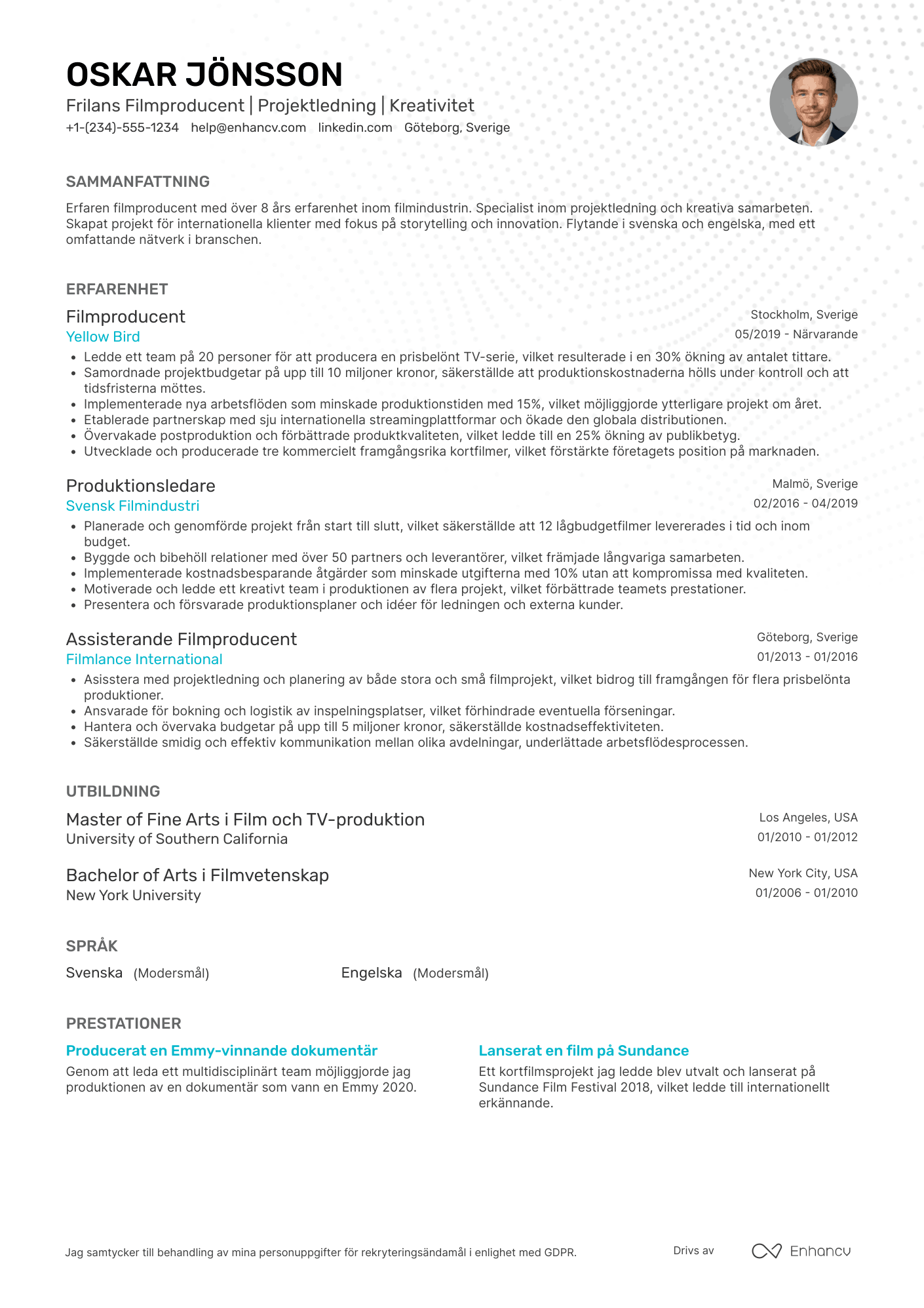 CV för Frilans Filmproducent Resume Example