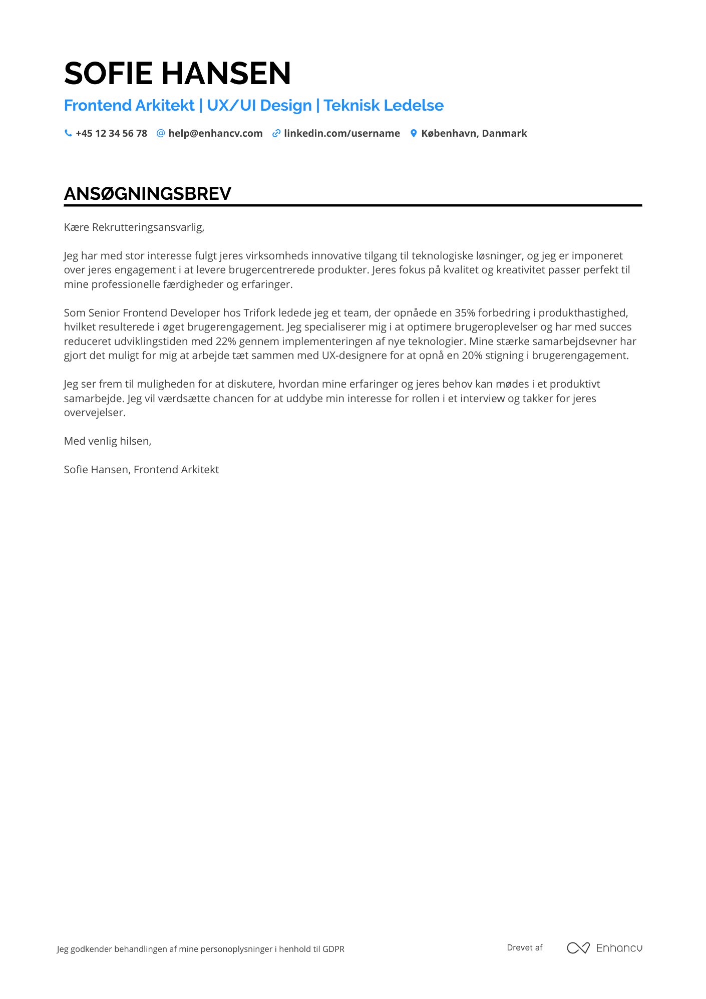 Ansøgningsbrev til Frontend arkitekt Resume Example