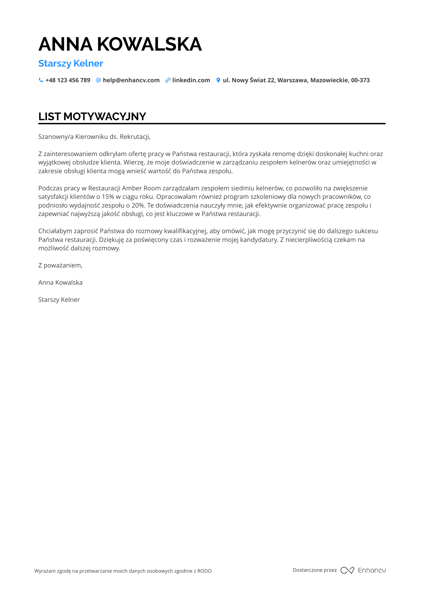 List motywacyjny dla Starszy Kelner Resume Example