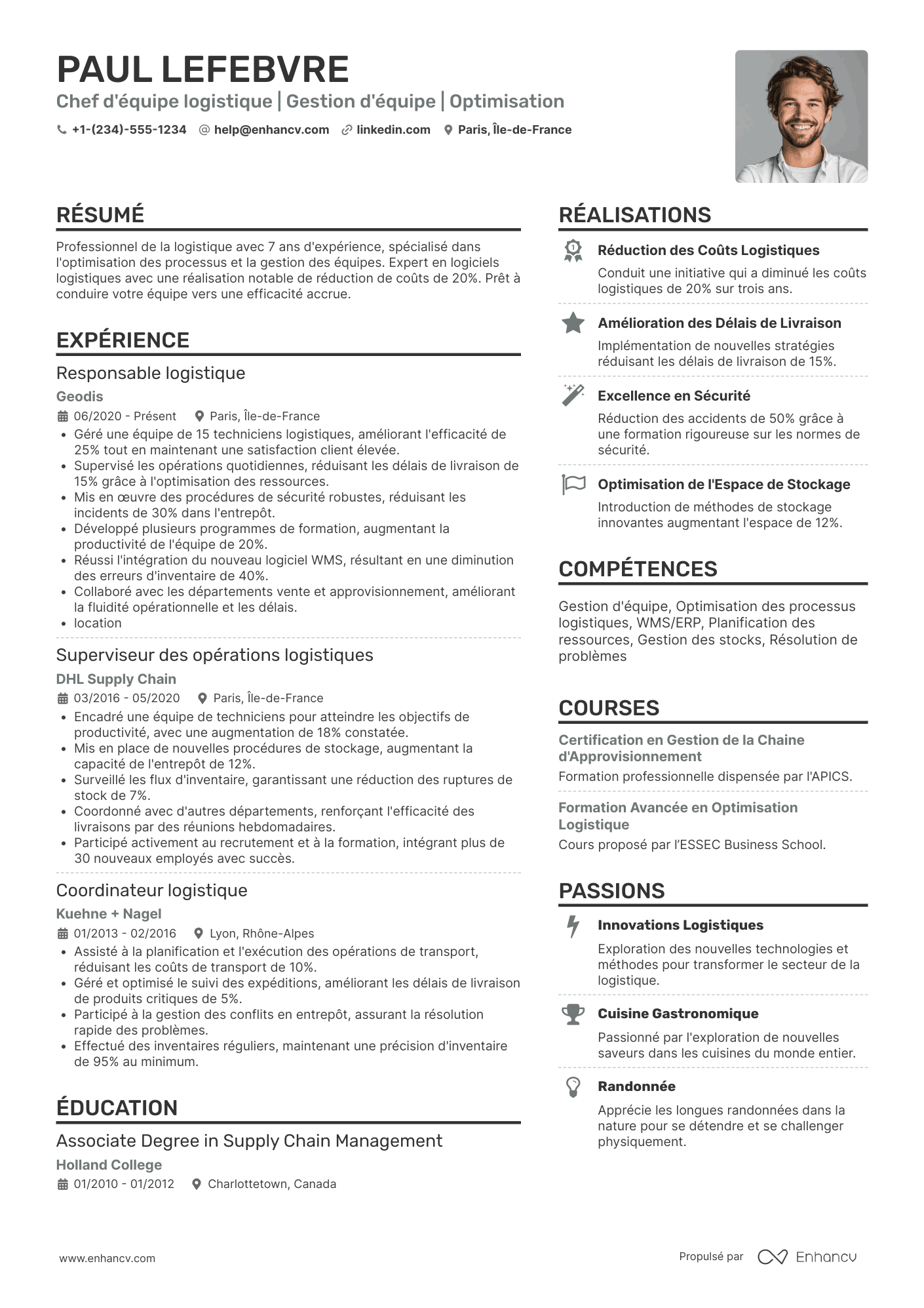 CV de chef d’équipe logistique Resume Example