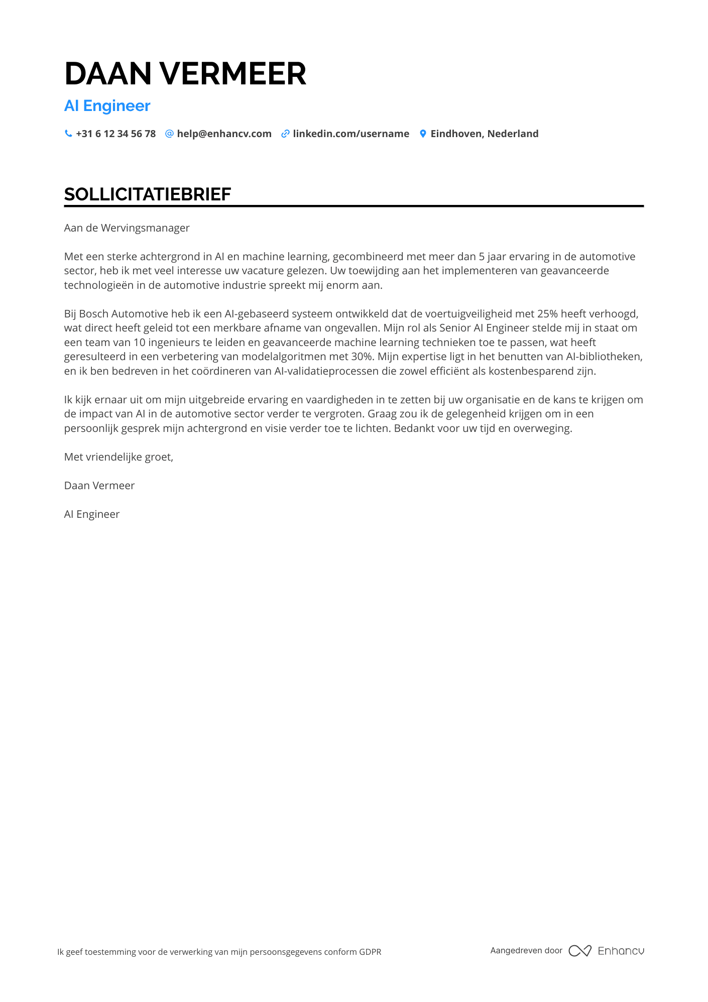Sollicitatiebrief voor AI Engineer Automotive Resume Example