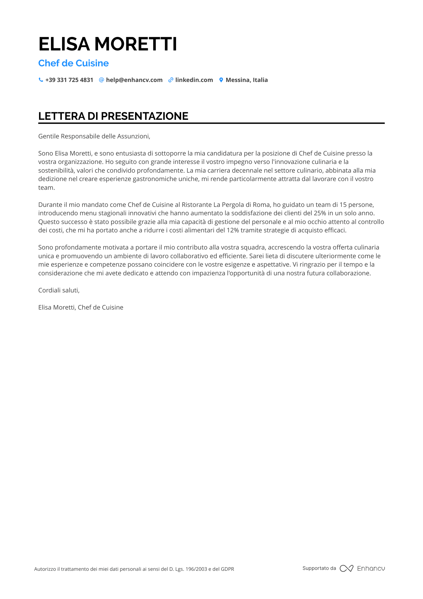Cuoco di Cucina Vegan Resume Example