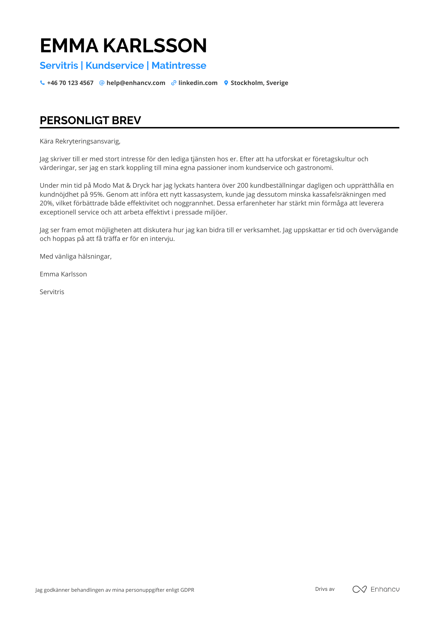Personligt brev för Casual Dining Servitris Resume Example