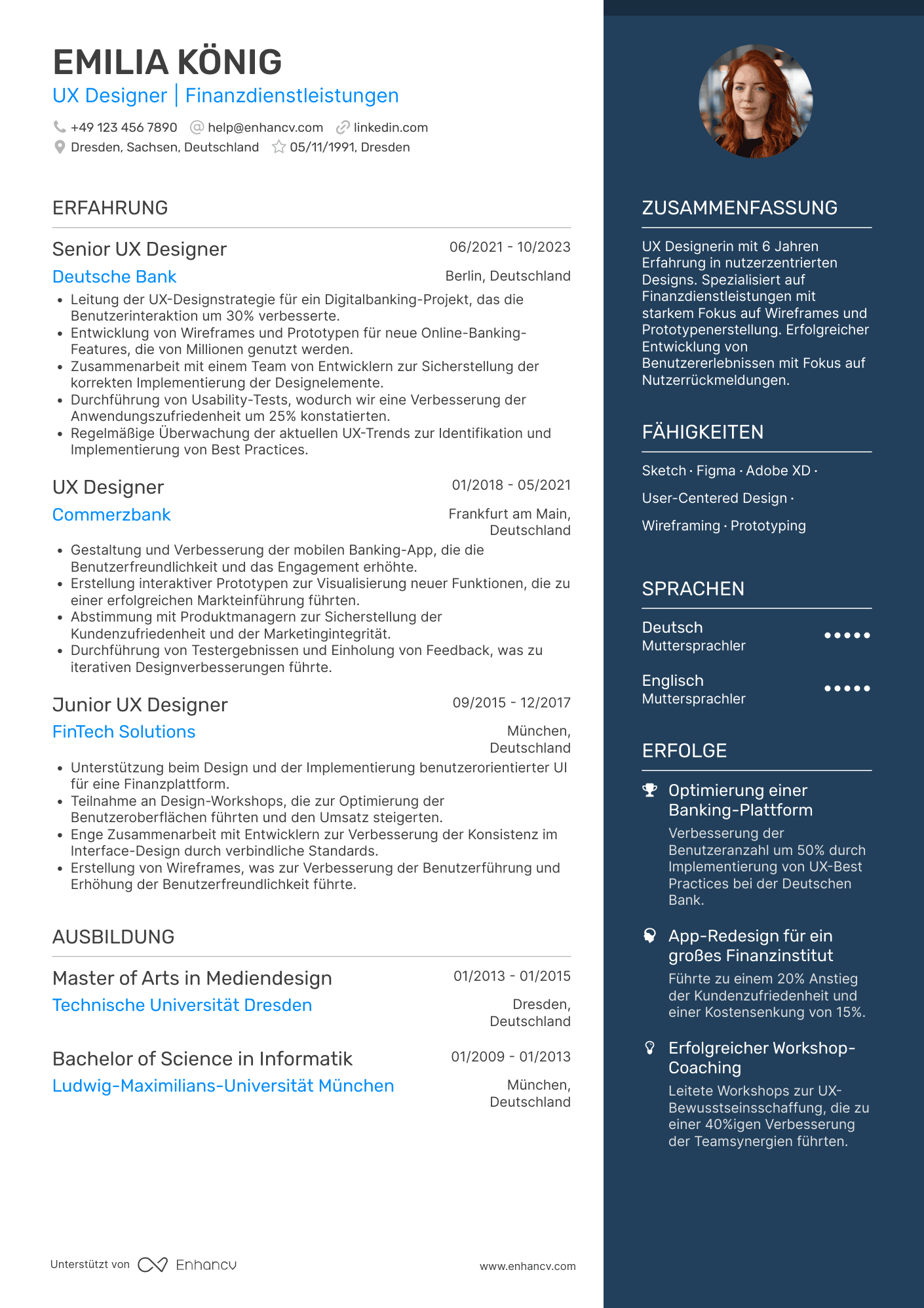 Lebenslauf in UX Designer für Finanzdienstleistungen Resume Example