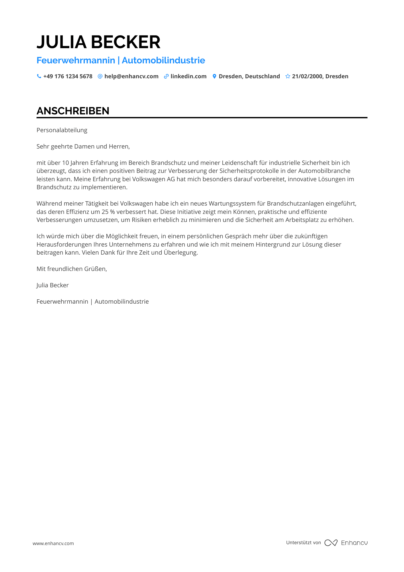 Feuerwehrmann für Automobilindustrie Resume Example