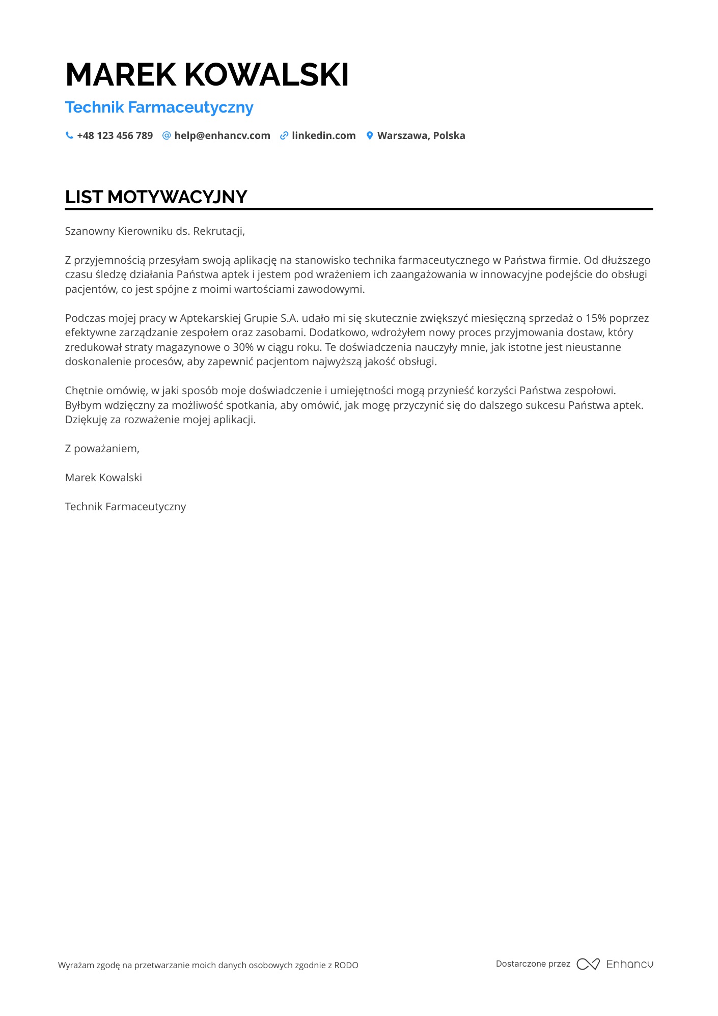 List motywacyjny dla Technik Farmaceutyczny z Wieloletnim Doświadczeniem Resume Example