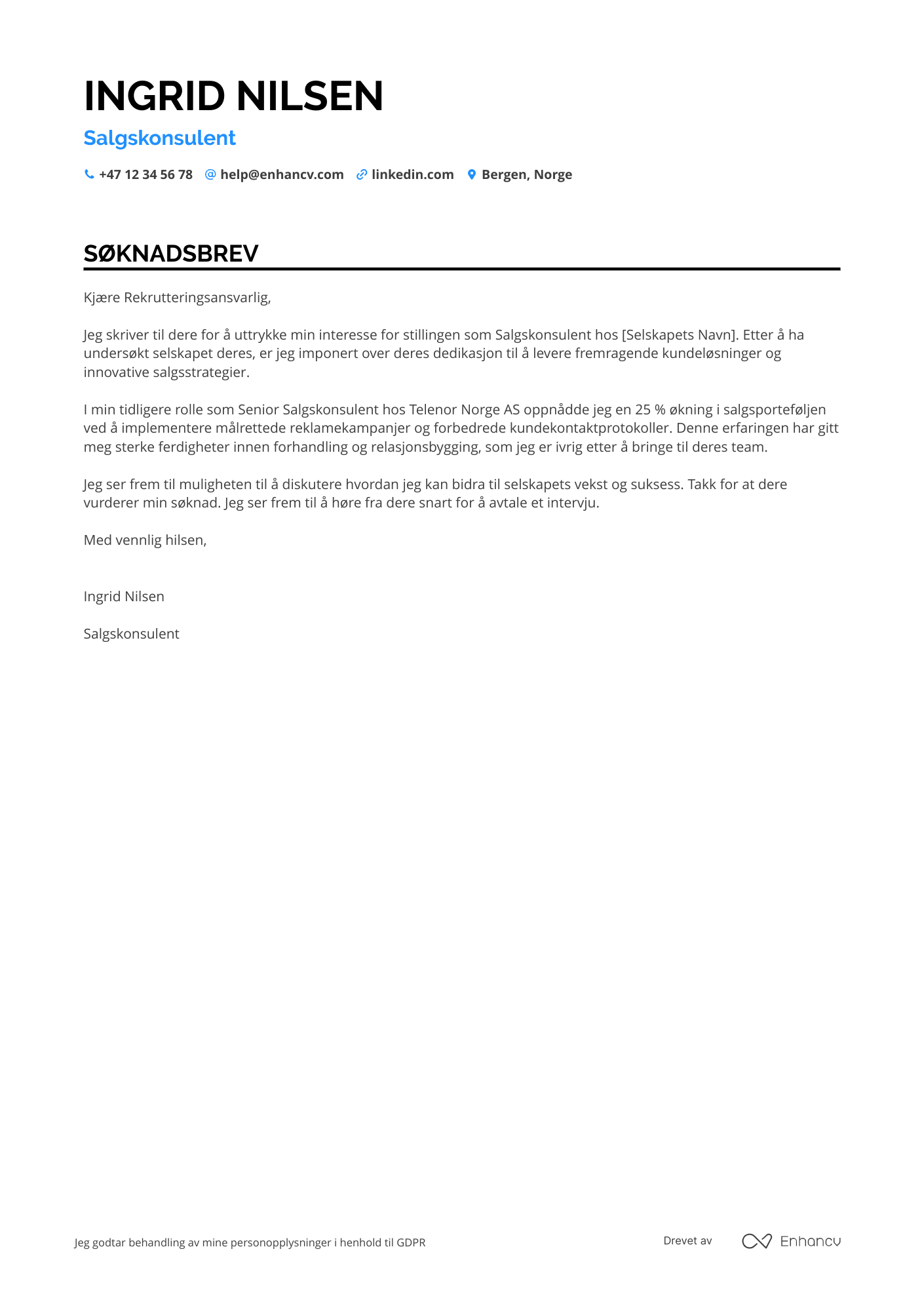 Søknadsbrev for Salgskonsulent Resume Example