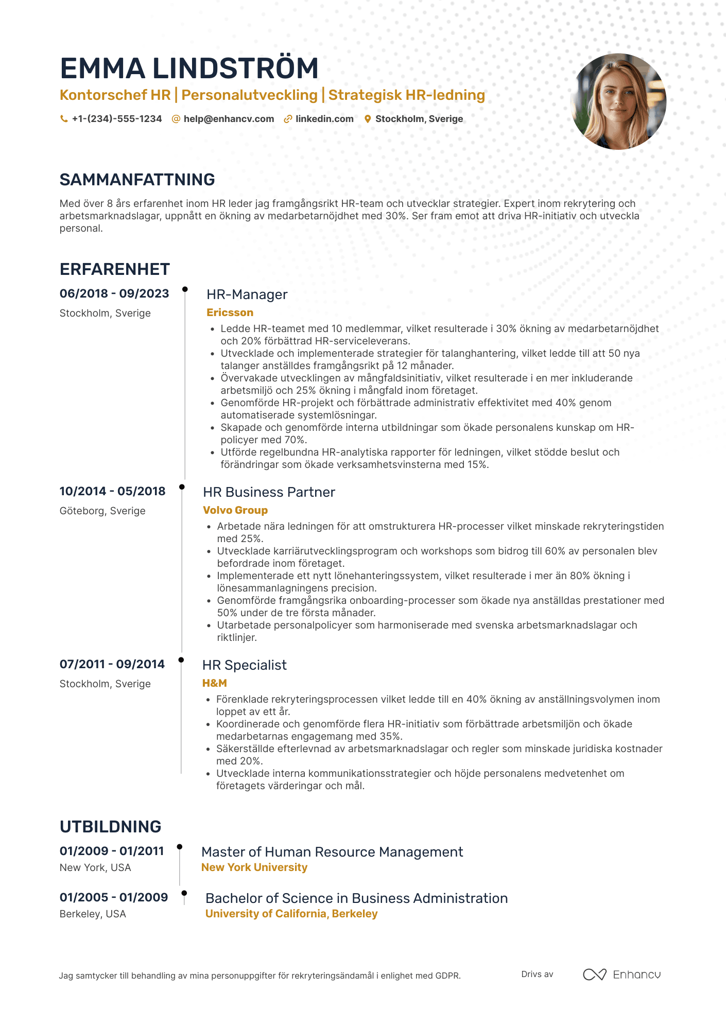 CV för Kontorschef HR Resume Example
