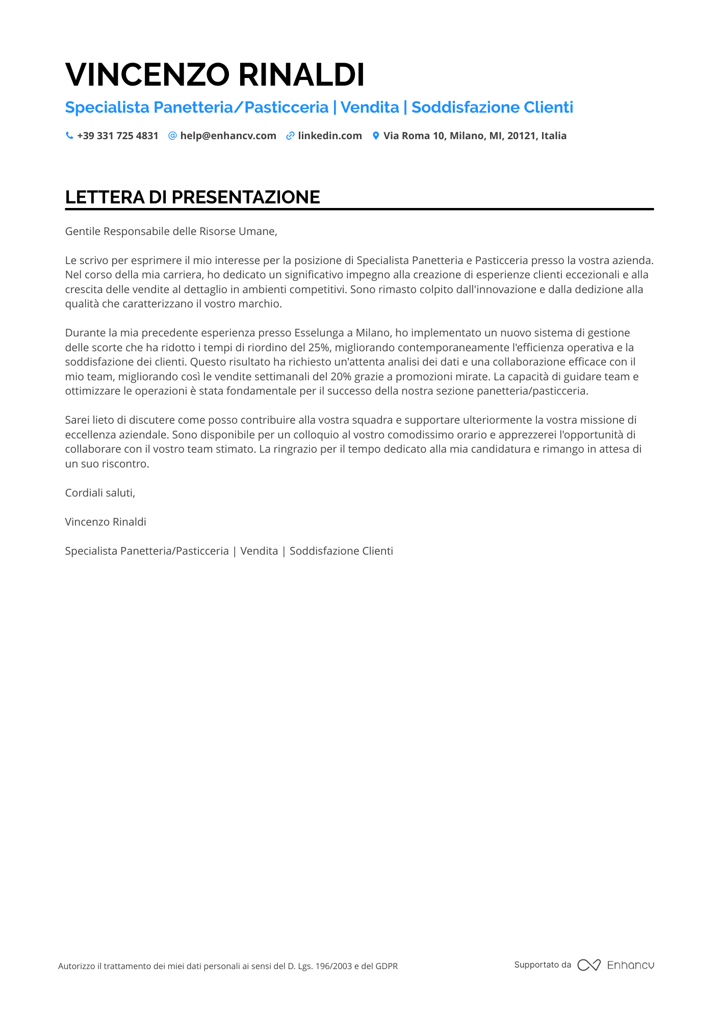Pasticcere di Panetteria Resume Example