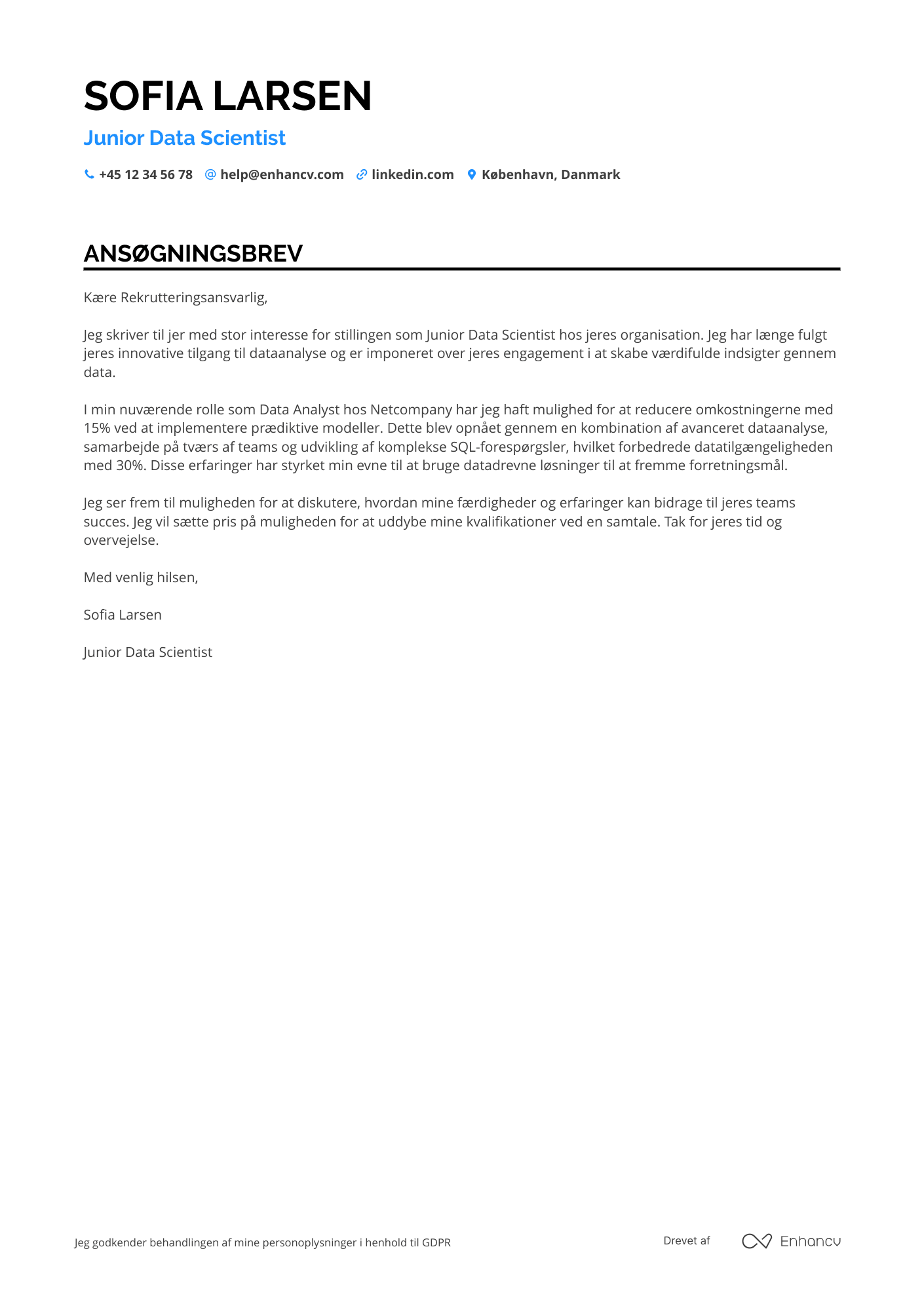 Ansøgningsbrev til Junior Data Scientist Resume Example