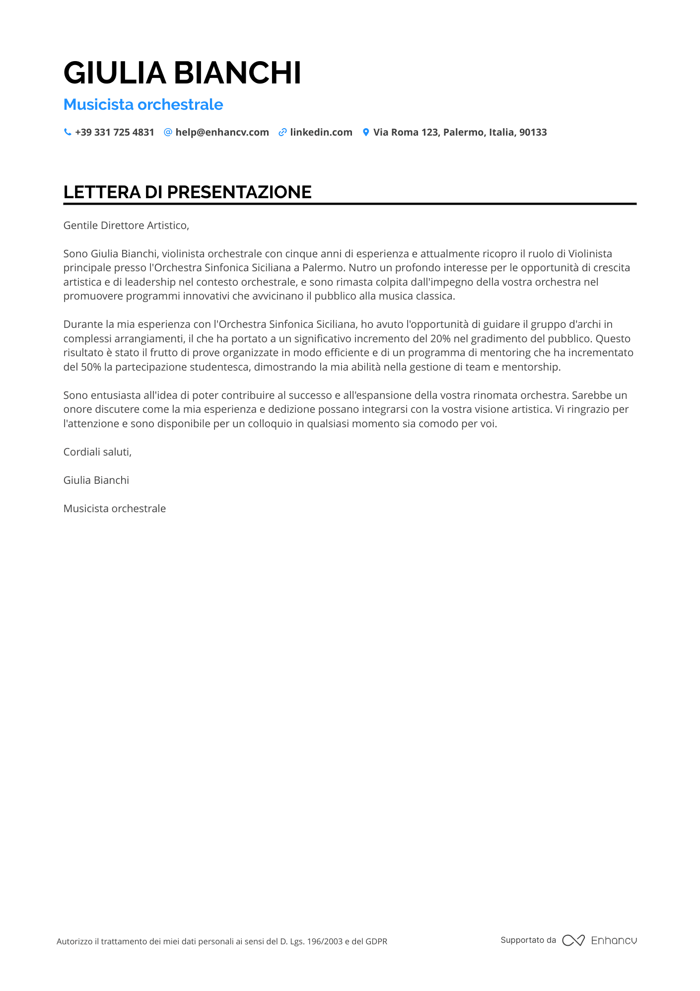 Musicista di Orchestra Sinfonica Resume Example