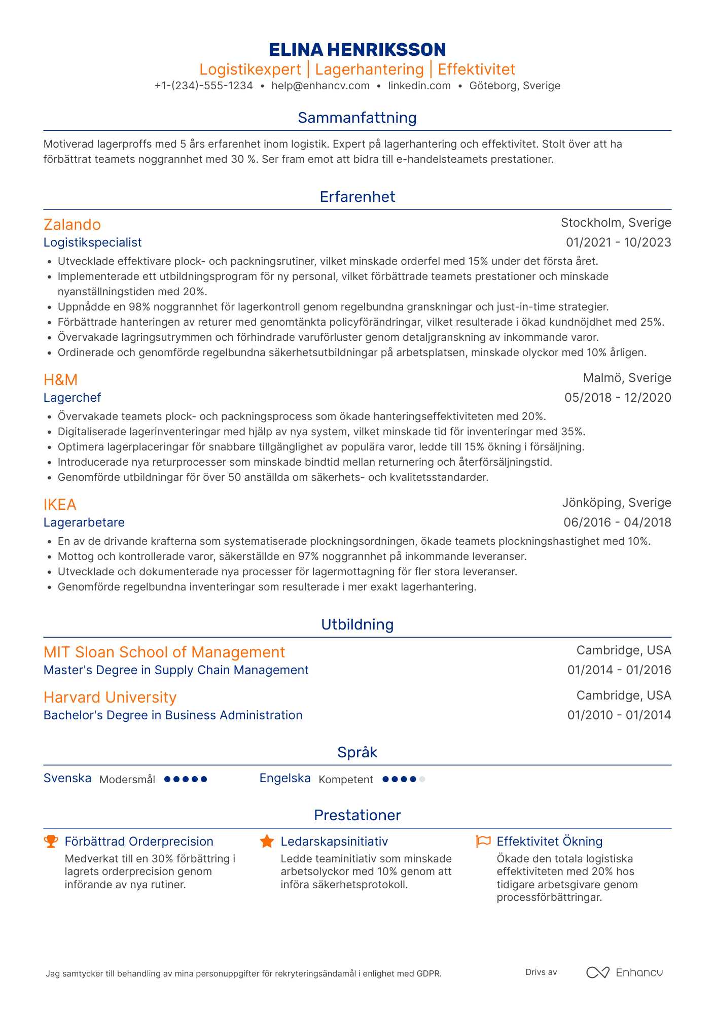 CV för Lagerarbetare e handel Resume Example