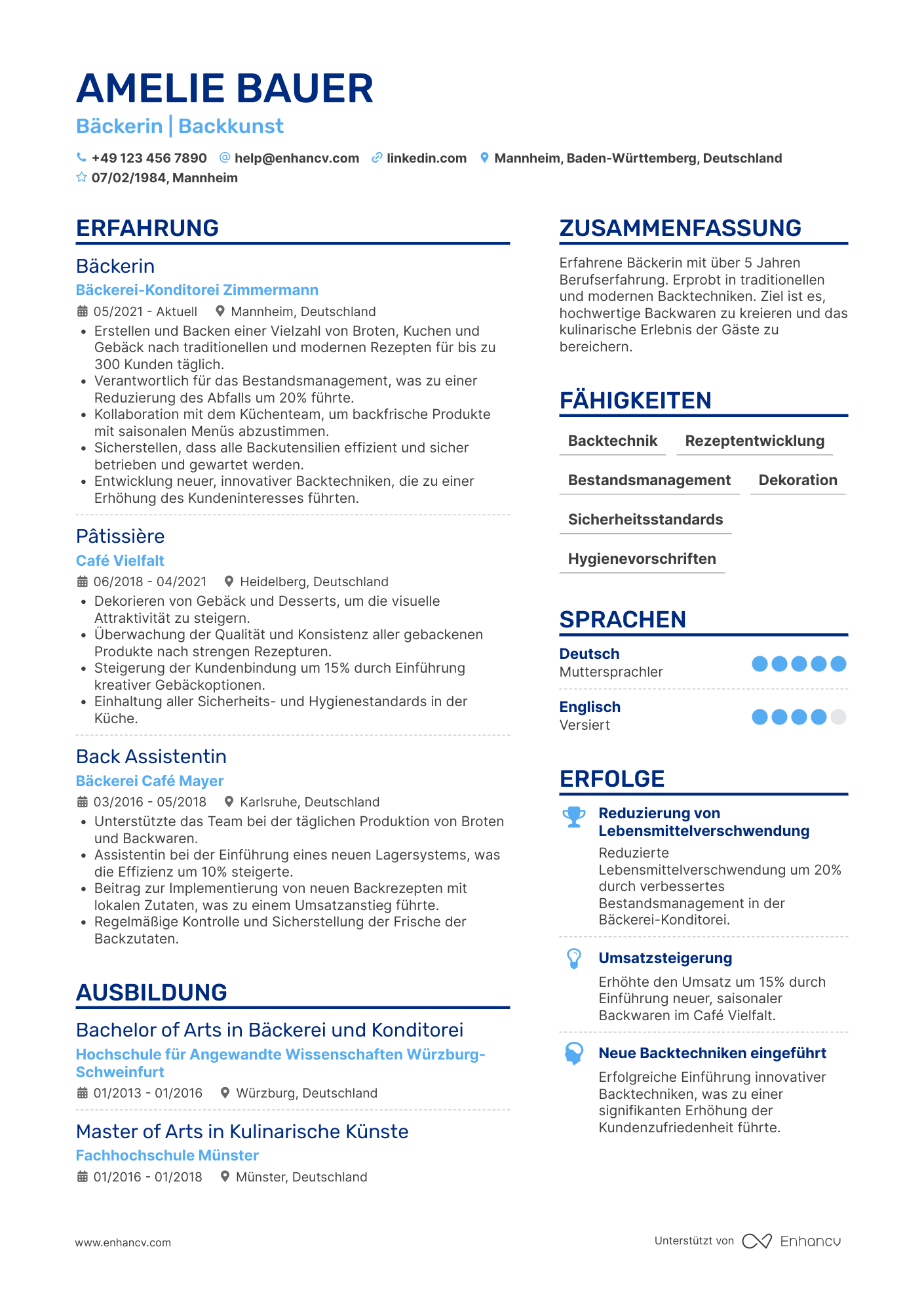 Lebenslauf in Restaurant Bäcker Resume Example