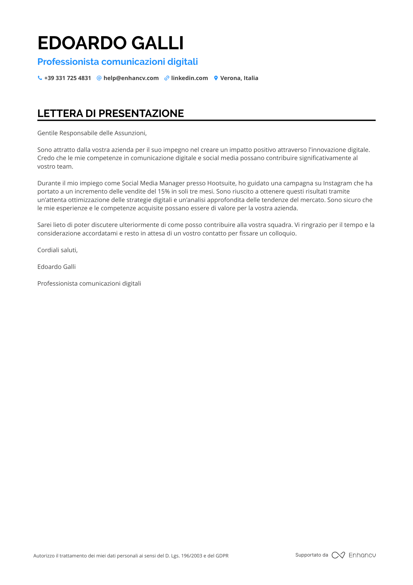 Specialista in Marketing sui Social Media Resume Example