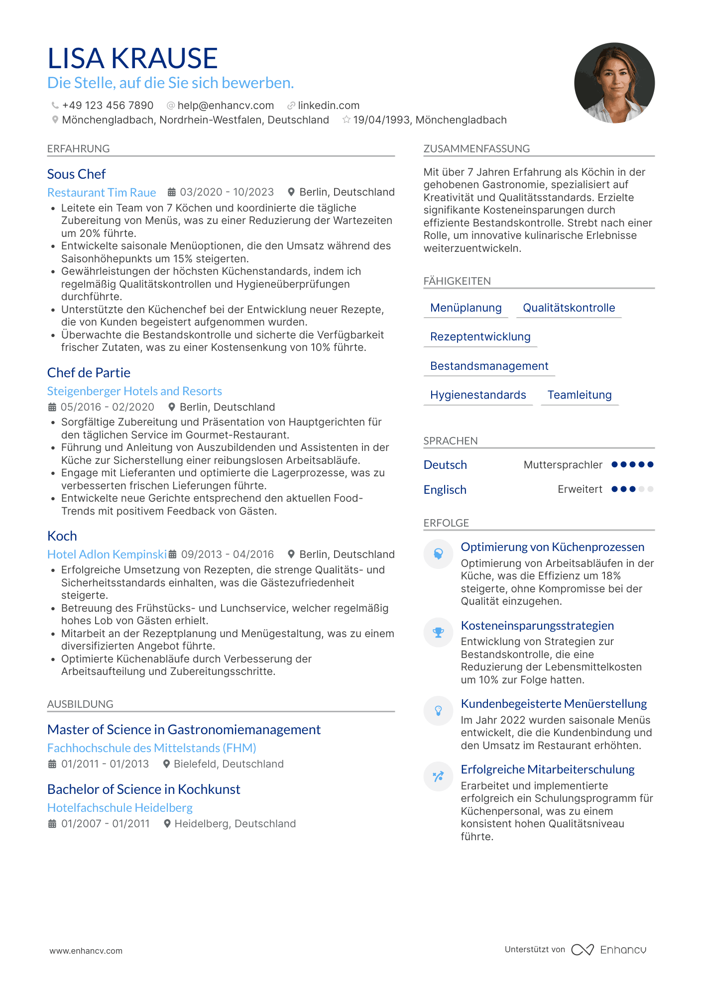 Lebenslauf als Mittlere Erfahrungsstufe Koch Resume Example