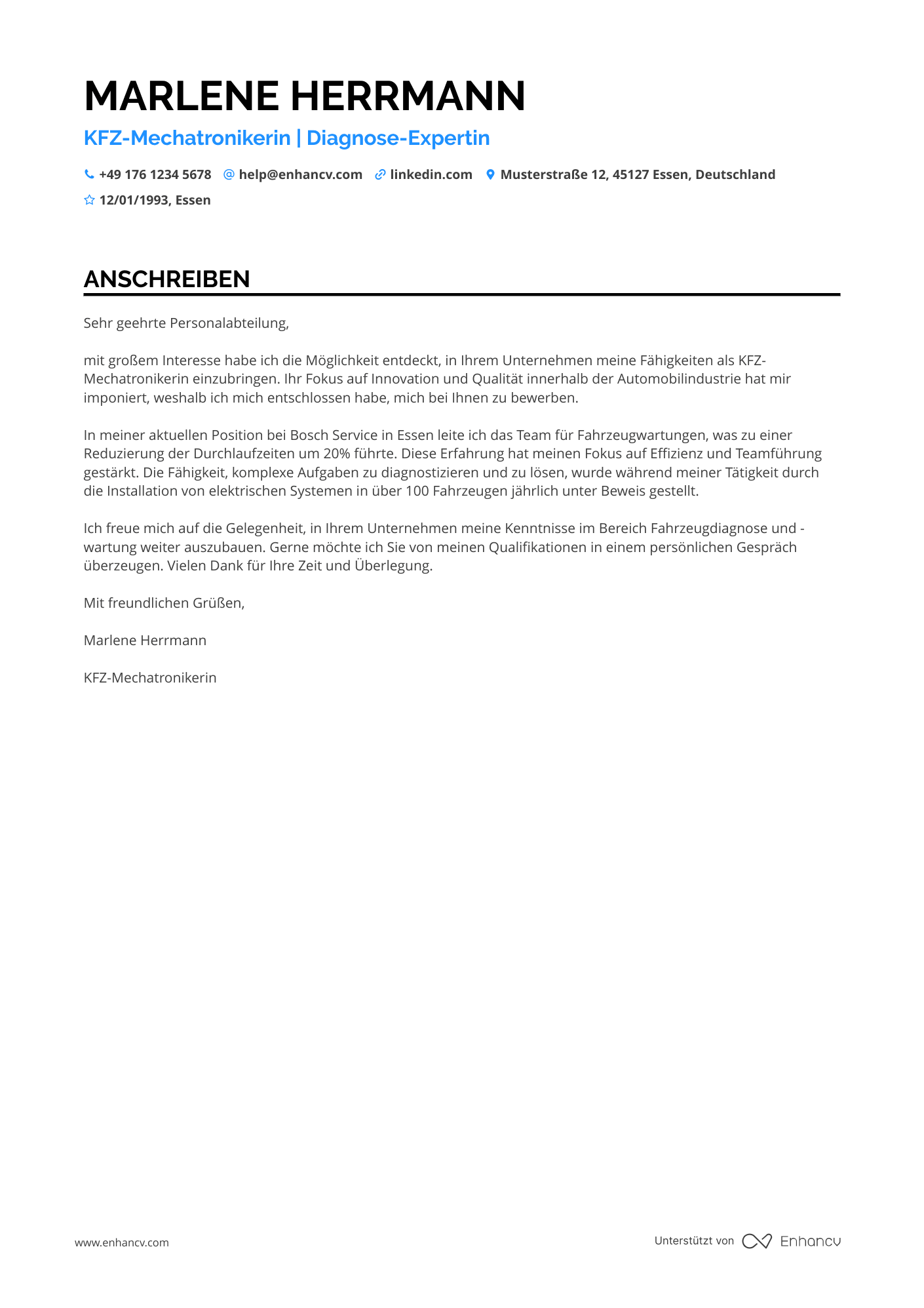 KFZ Mechatroniker in der Automobilindustrie Resume Example