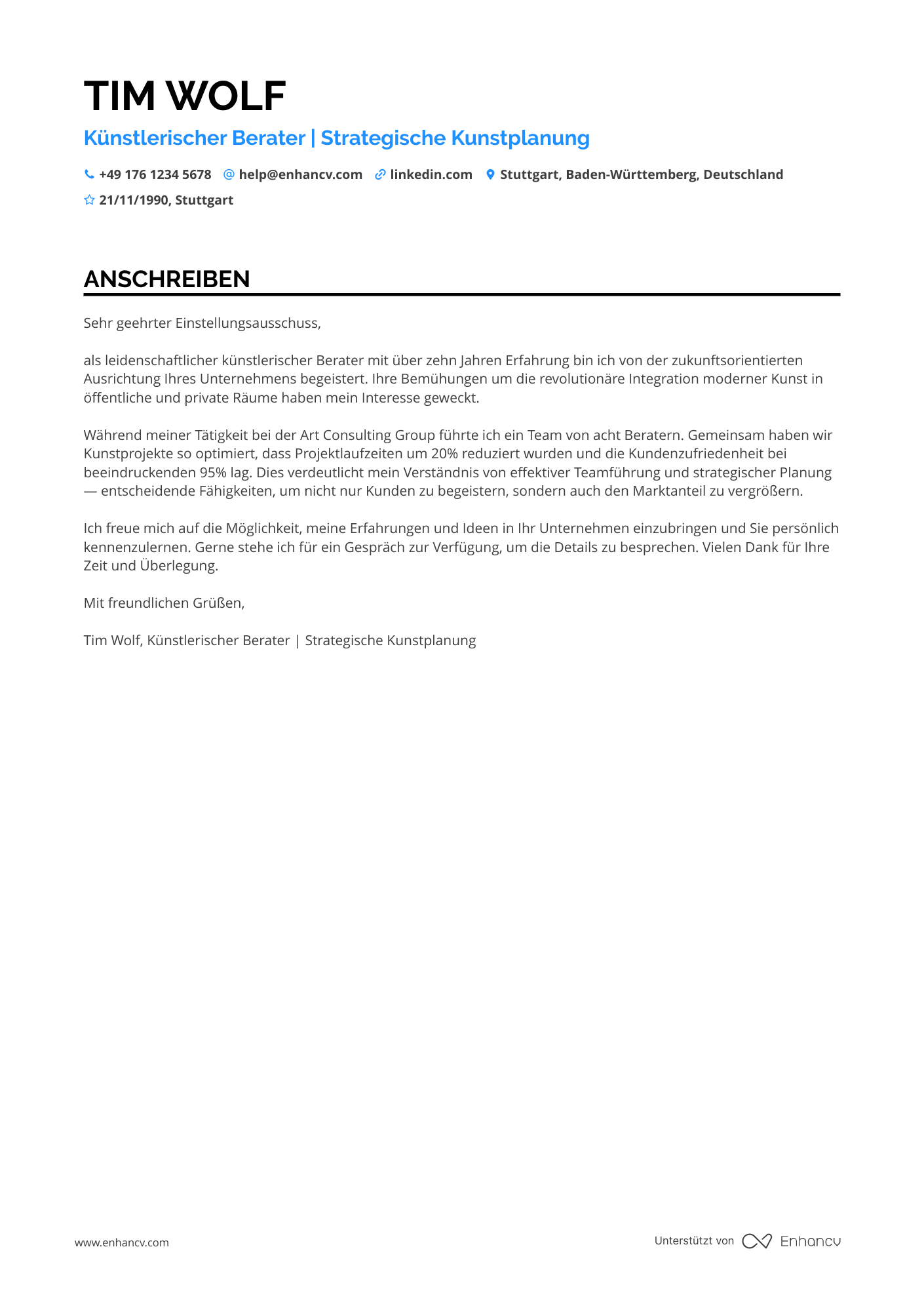 Künstlerischer Berater Resume Example