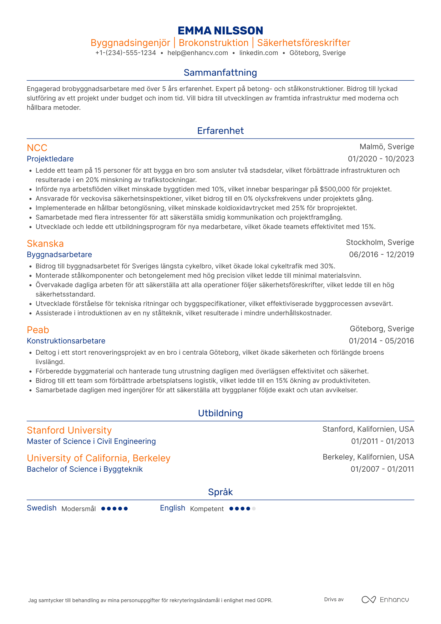 CV för Byggnadsarbetare Brobyggare Resume Example