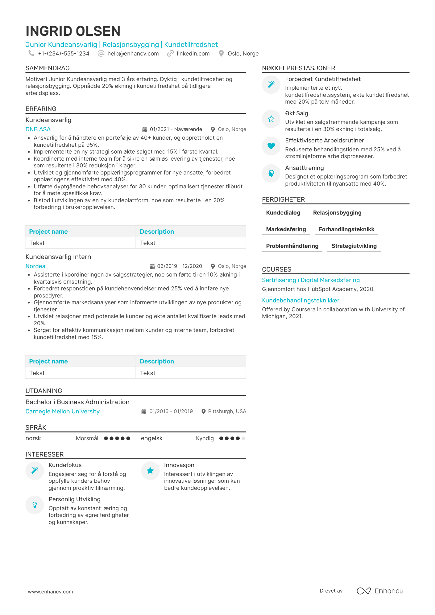 CV for Junior Kundeansvarlig Resume Example