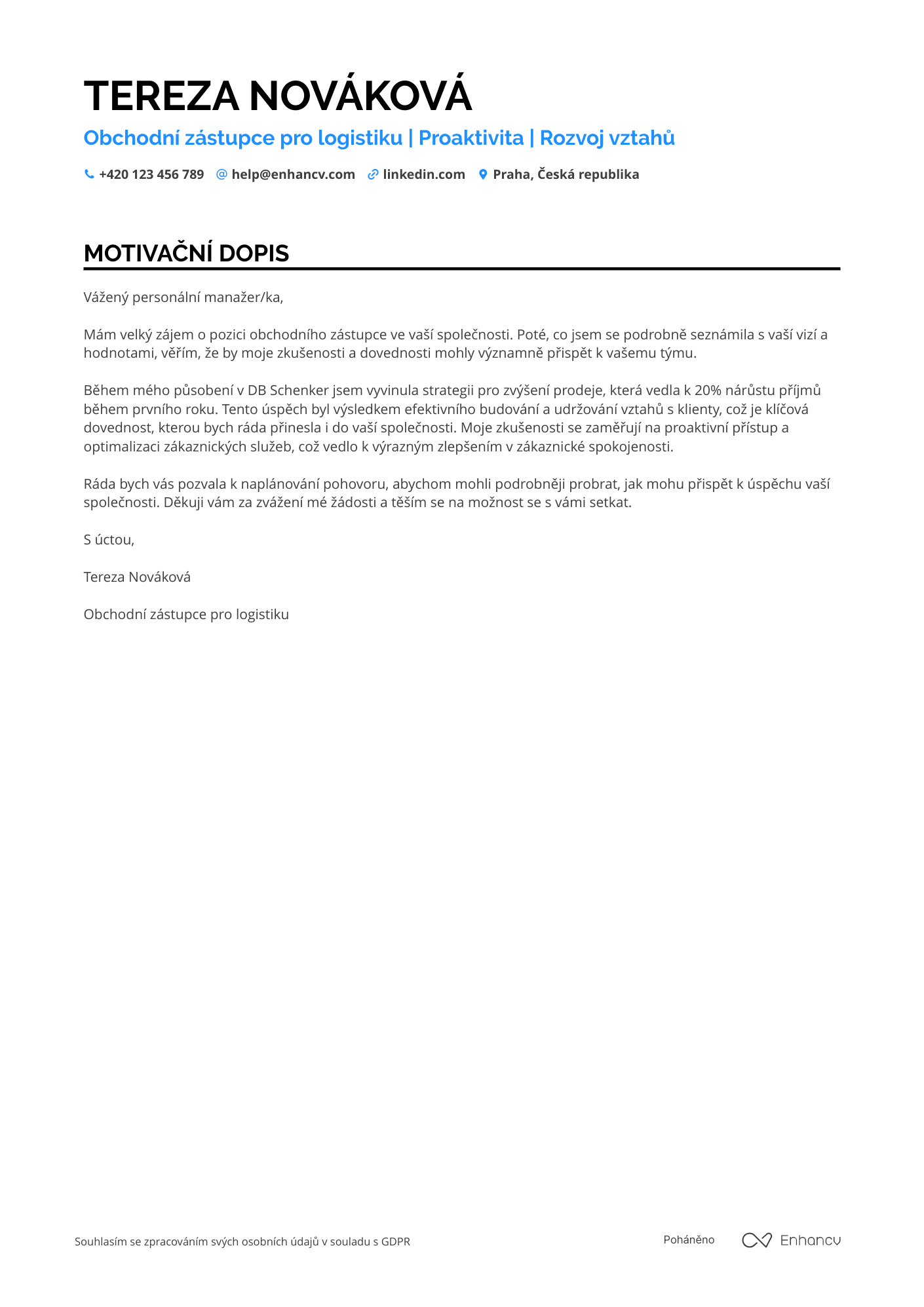 Motivační dopis pro Obchodní zástupce pro logistiku Resume Example