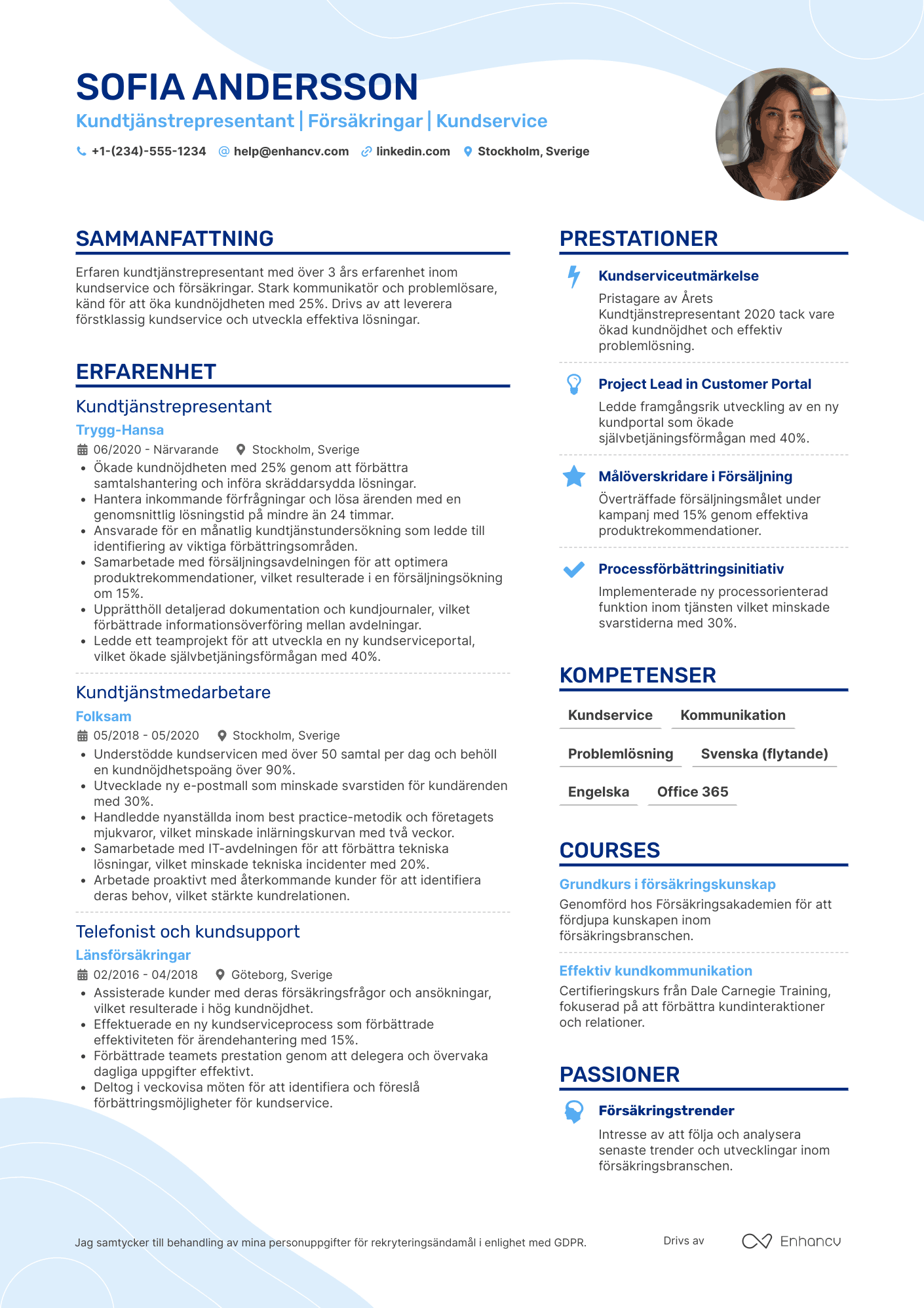 CV för Kundtjänstrepresentant Försäkring Resume Example