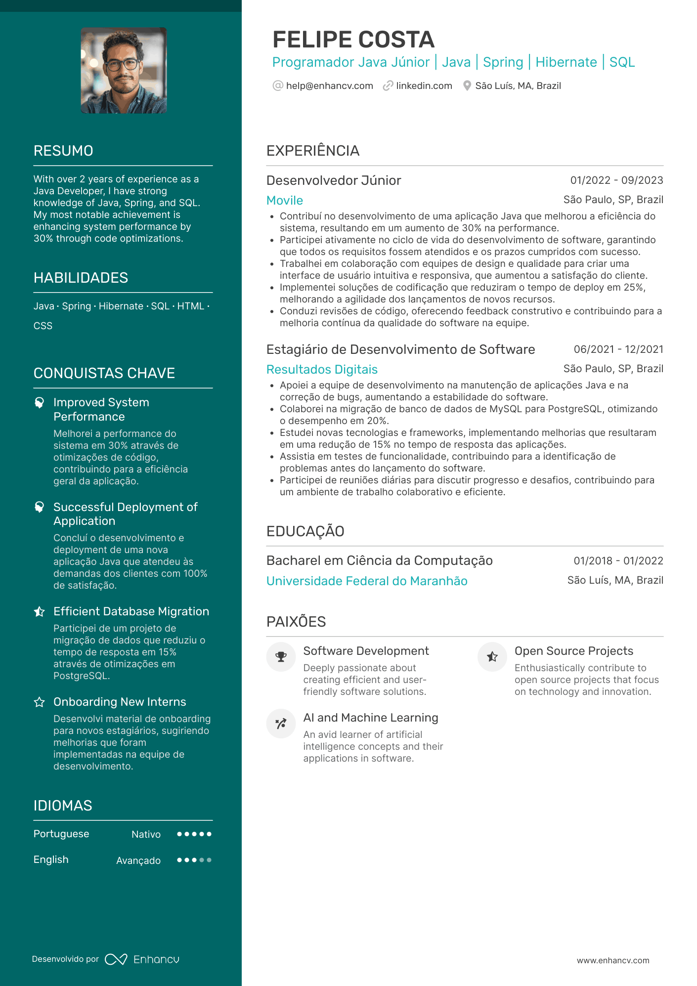 Programador Java júnior Resume Example