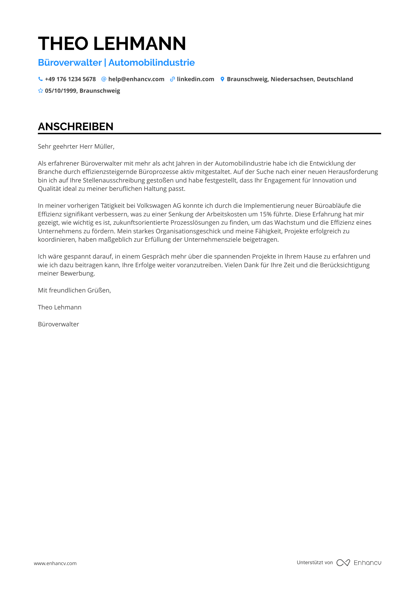 Büroverwalter für Automobilindustrie Resume Example