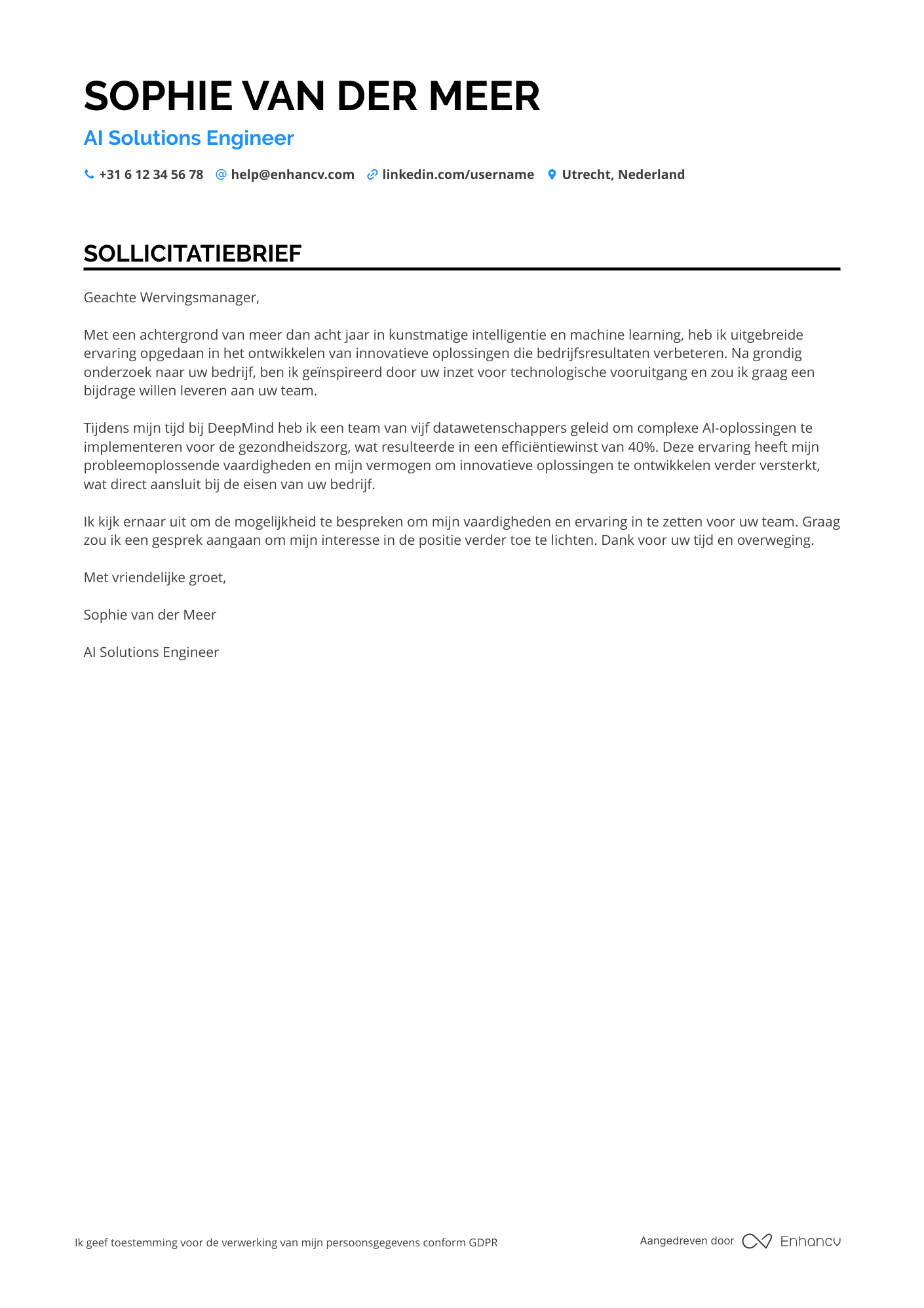 Sollicitatiebrief voor AI Solutions Engineer Resume Example