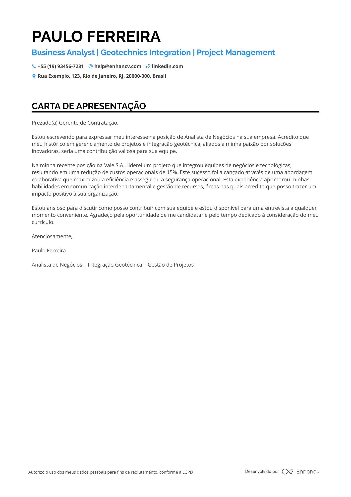 Engenheiro Mecânico de Automação Resume Example