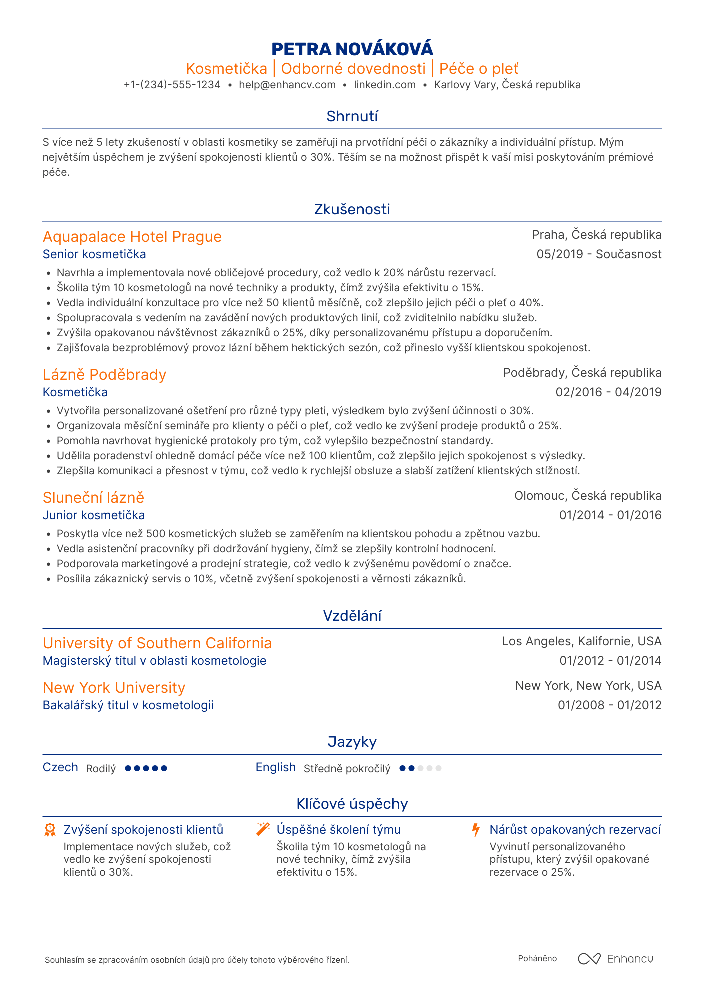 Životopis pro Kosmetička v lázních Resume Example
