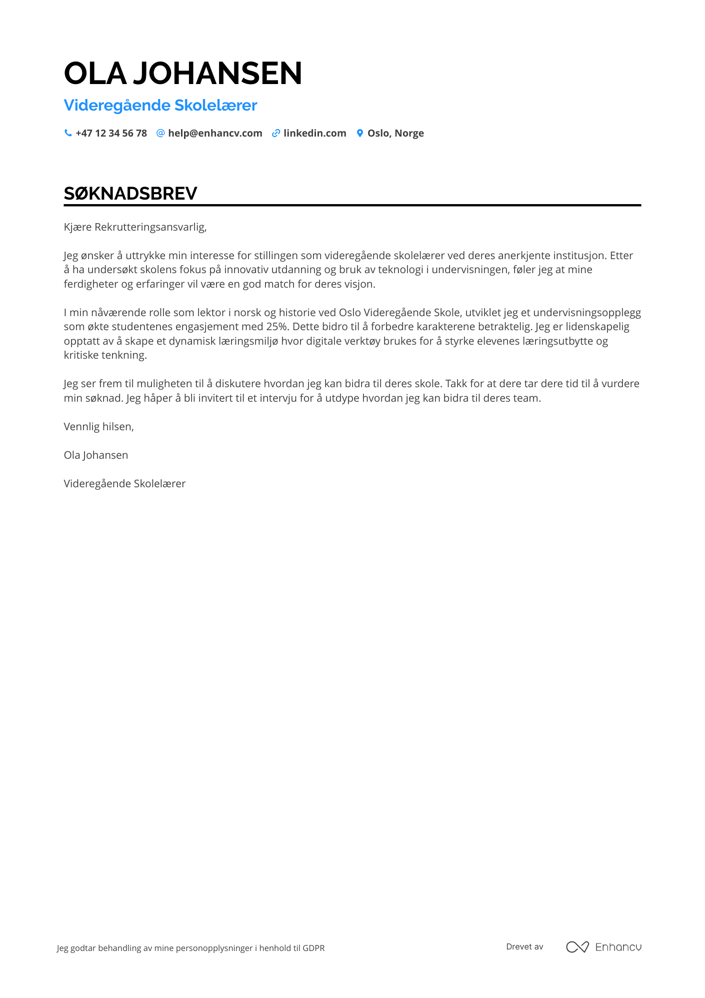 Søknadsbrev for Videregående skolelærer Resume Example