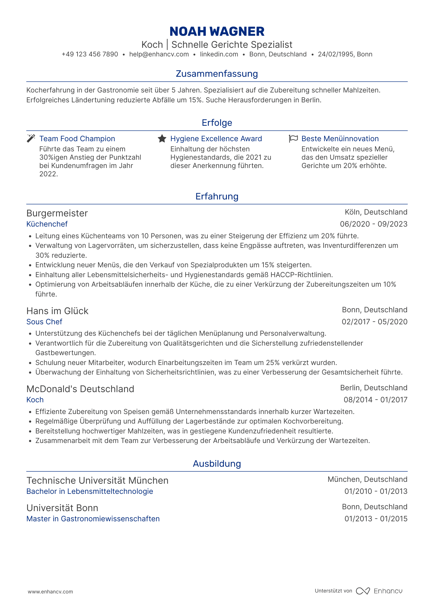 Lebenslauf in Koch in der Fast Food Industrie Resume Example