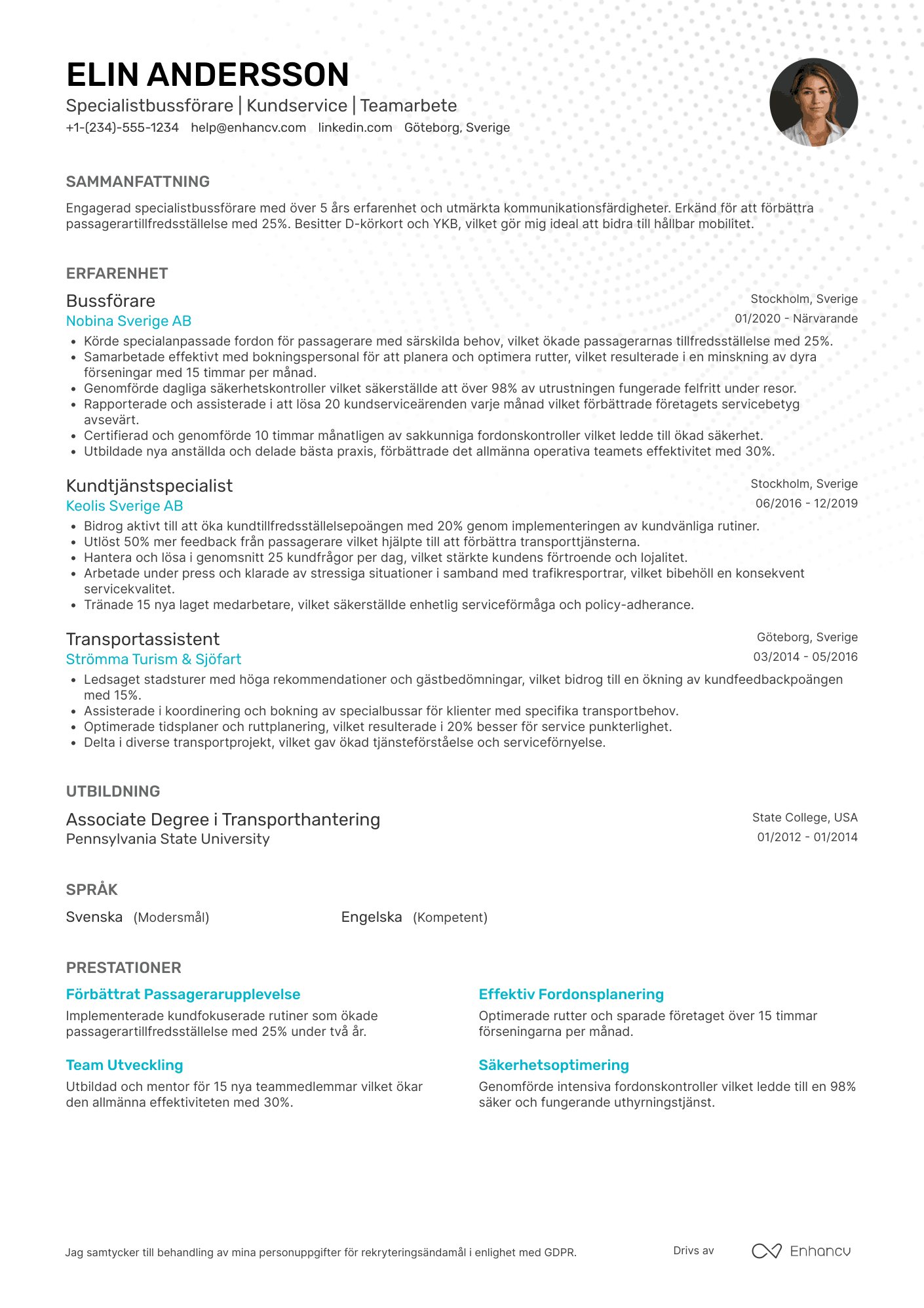 CV för Specialistbussförare Resume Example