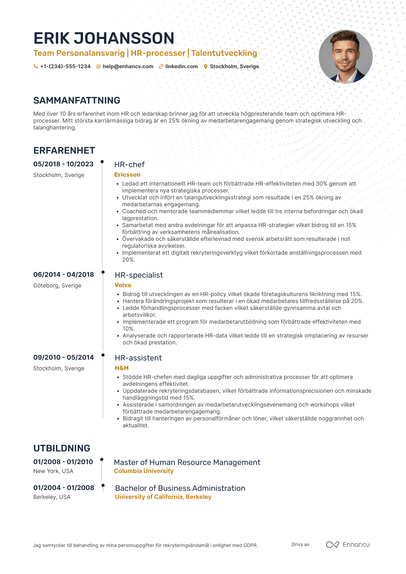 CV för Team Personalansvarig Resume Example