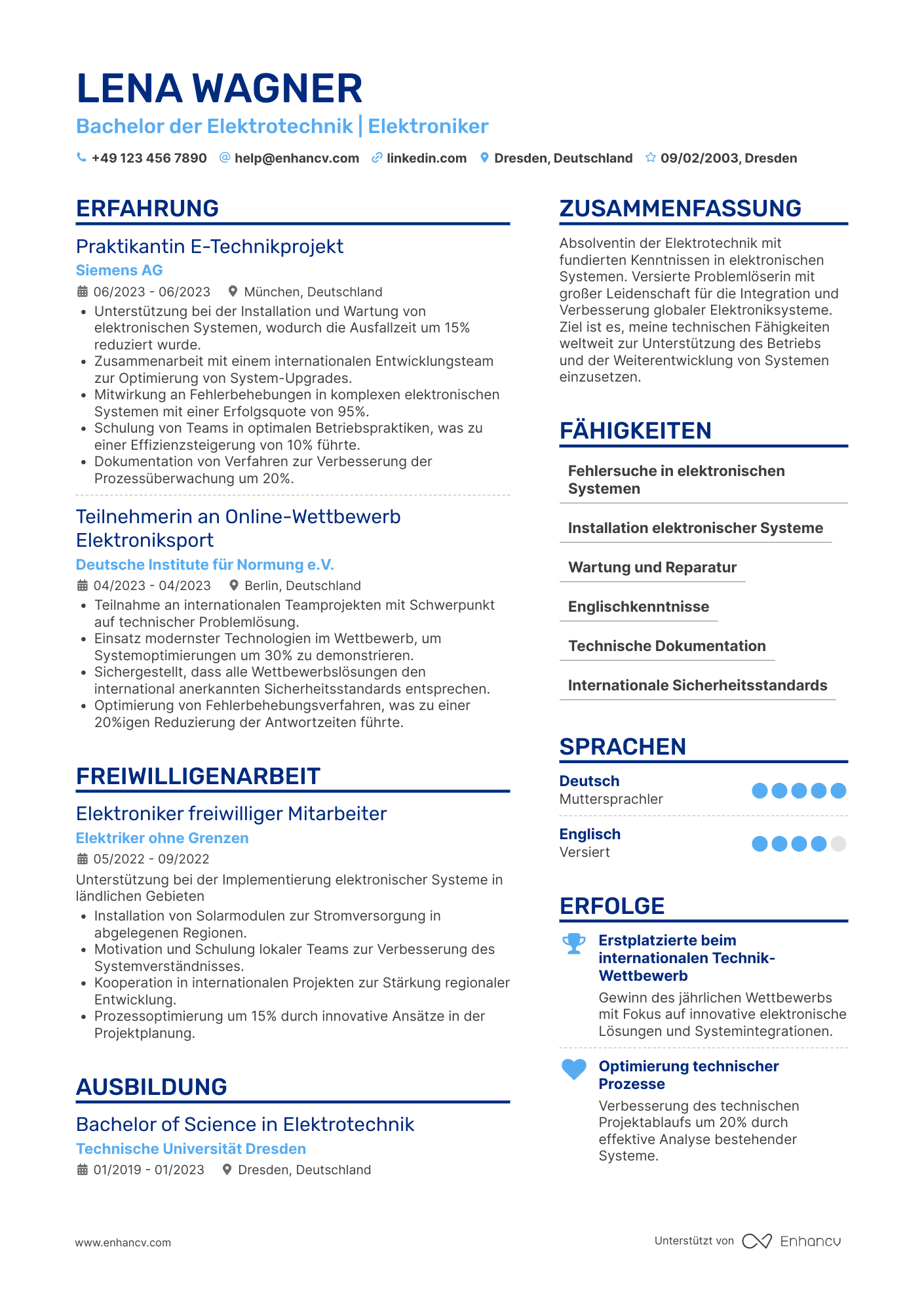 Lebenslauf als Elektroniker mit internationaler Erfahrung Resume Example