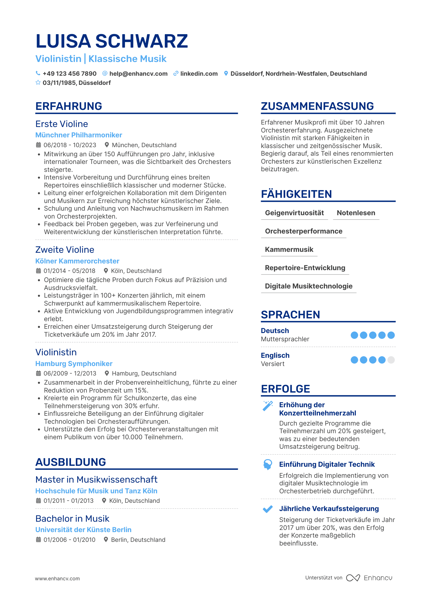 Lebenslauf als Orchestermusiker Resume Example