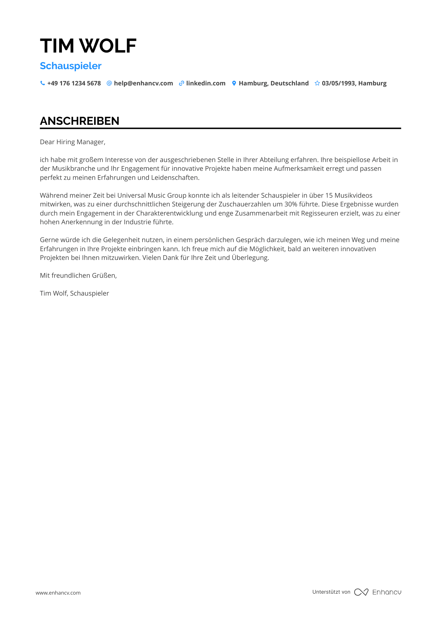 Musikindustrie Schauspieler Resume Example