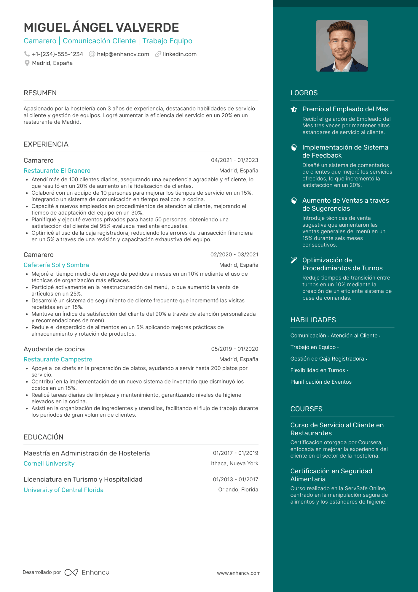 Ejemplo de currículum de camarero sin experiencia para hostelería Resume Example